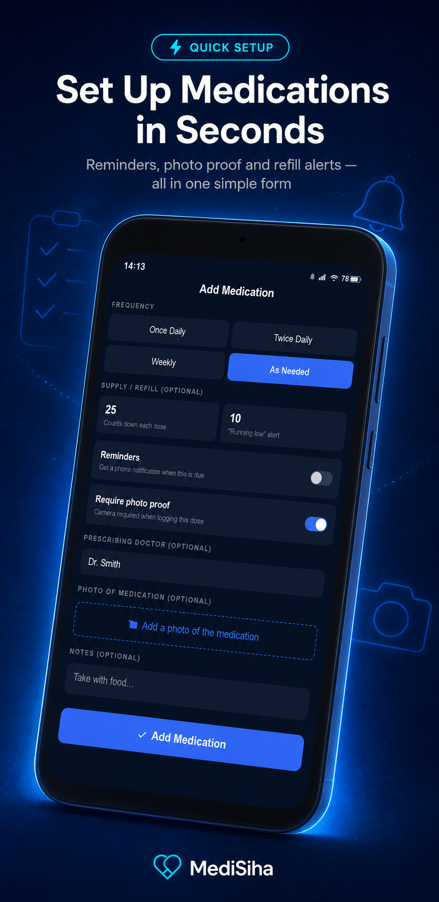 Medi Siha - quick medication setup screen
