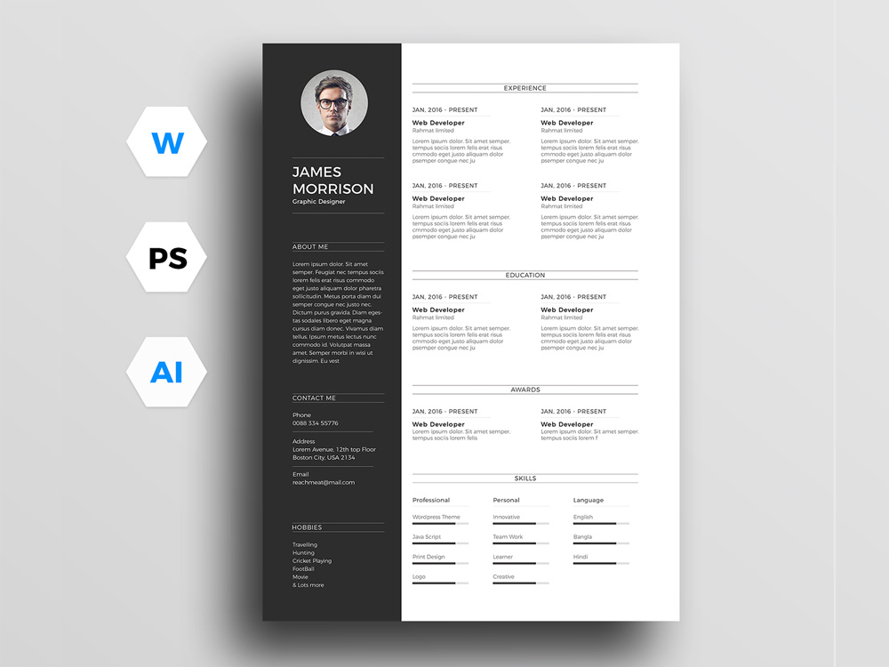 Free Minimal Resume Template for Word, Illustrator and Photoshop