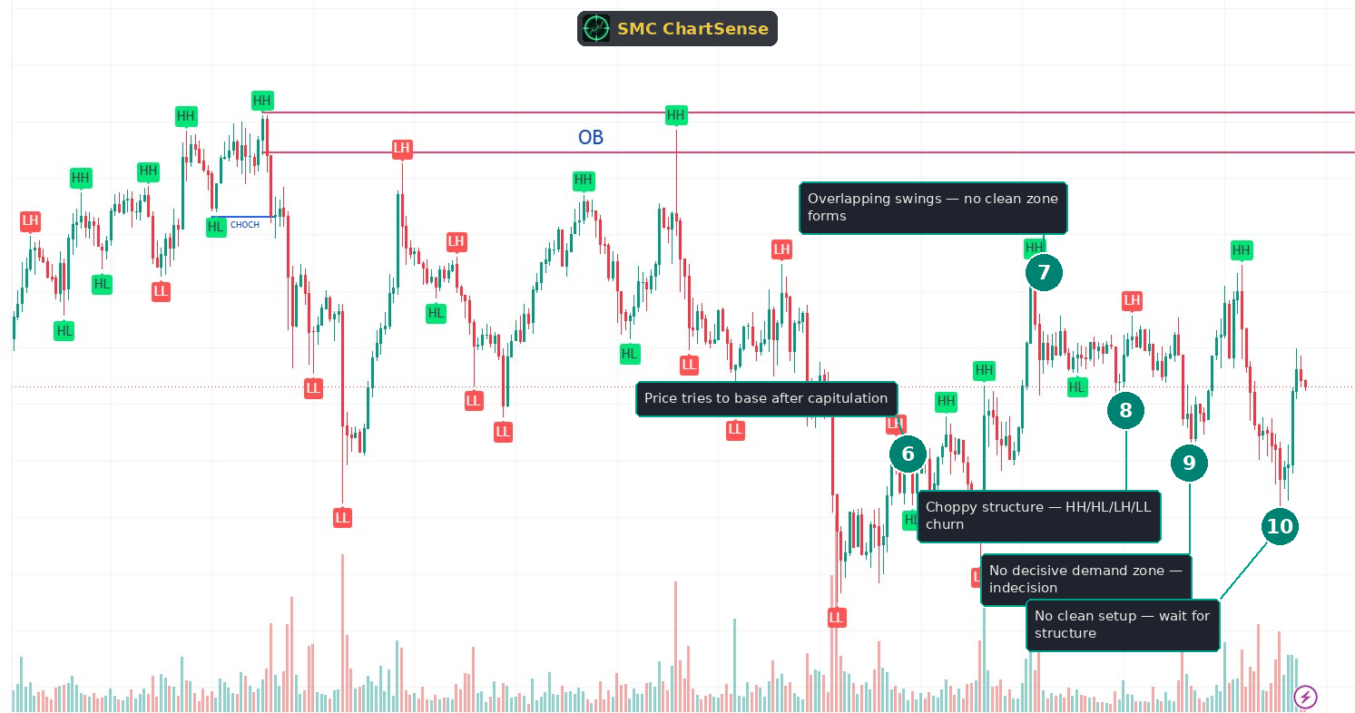 Annotated chart phase two showing price trying to base after capitulation, overlapping swings with no clean zone forming, choppy structure with alternating HH HL LH LL, no decisive demand zone amid indecision, and the conclusion that there is no clean setup so the read is to wait for structure