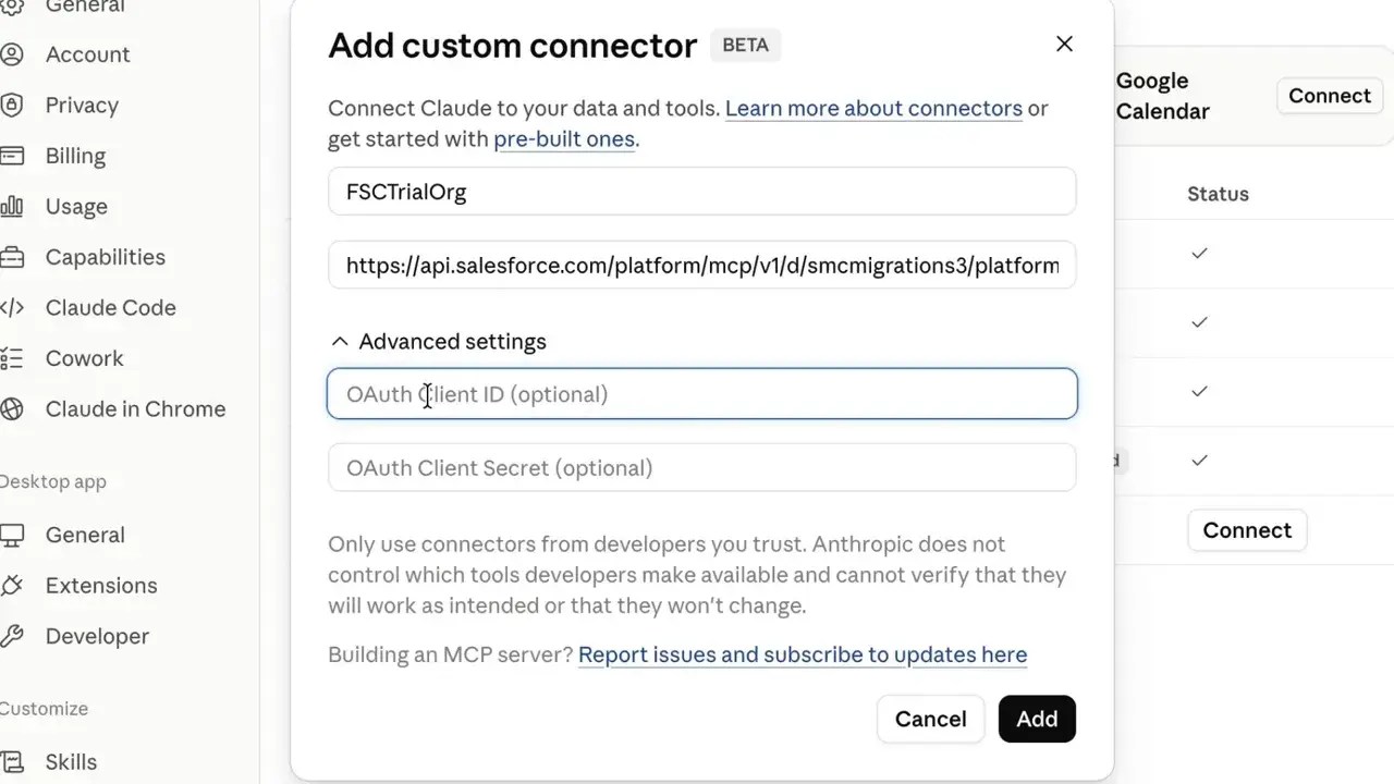 claude custom connector form