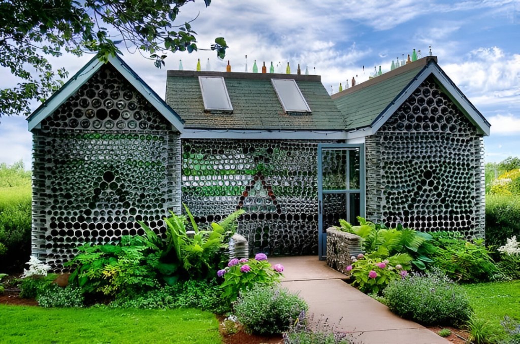 Eco-brick house in Uganda built from 18,000 recycled plastic bottles, showcasing sustainable and affordable construction innovation.