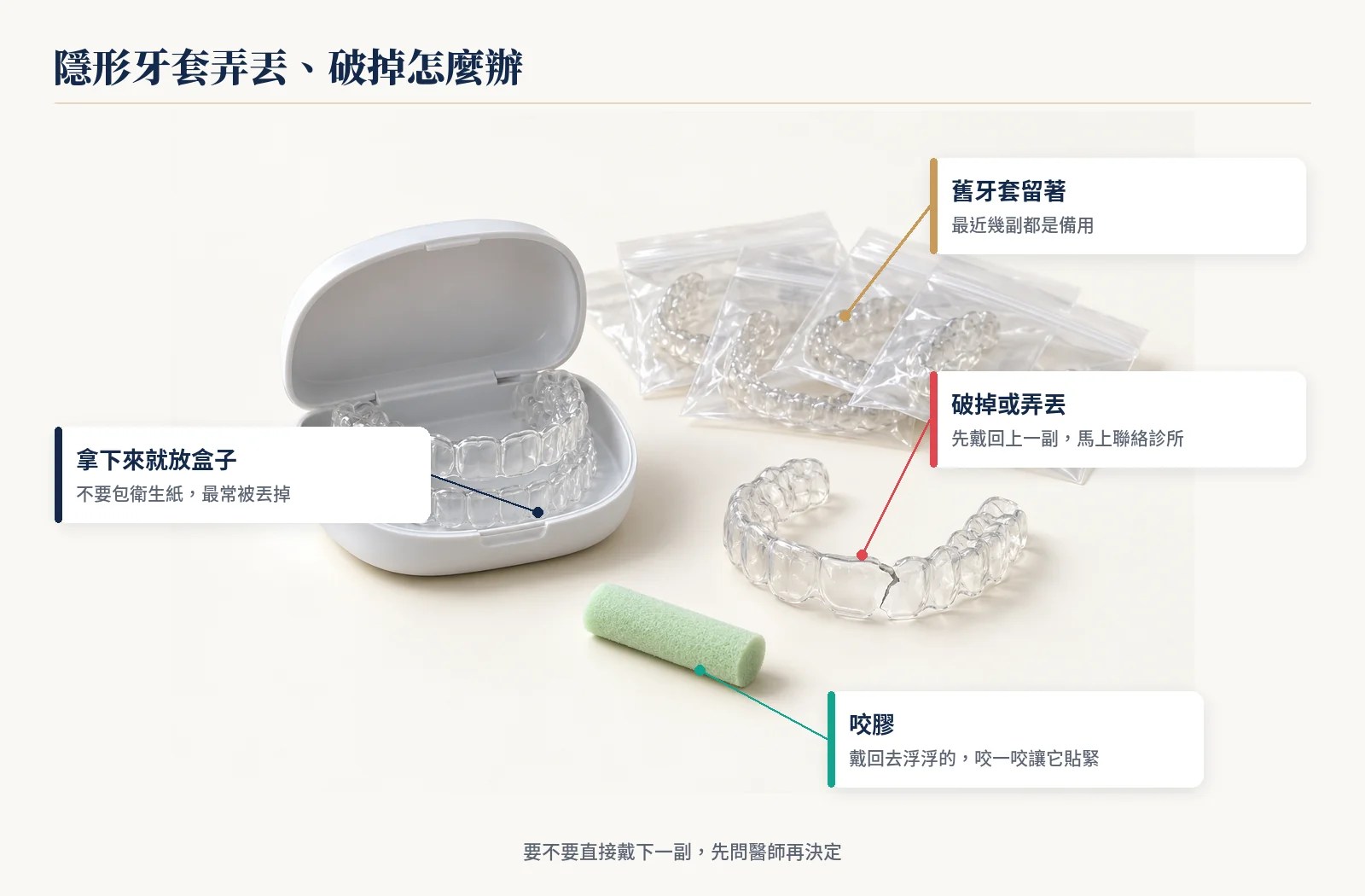隱形牙套弄丟或破掉怎麼辦：先戴回上一副、舊牙套留著、咬膠、拿下來放牙套盒