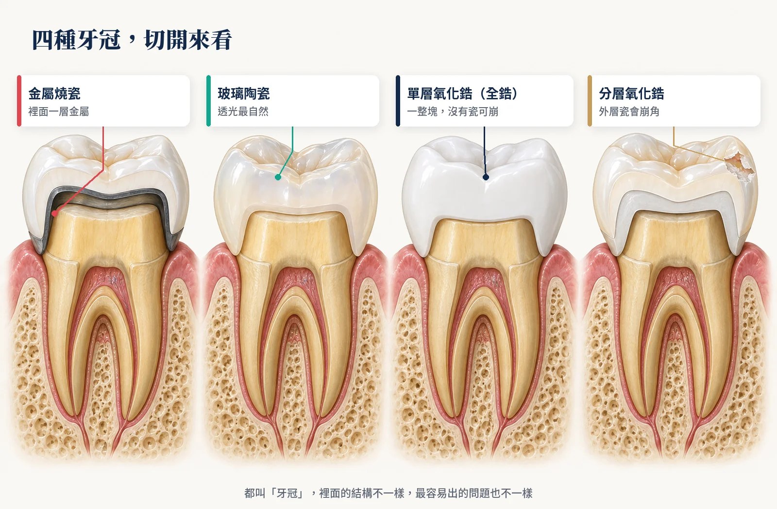 四種牙冠切面比較：金屬燒瓷、玻璃陶瓷、單層氧化鋯、分層氧化鋯