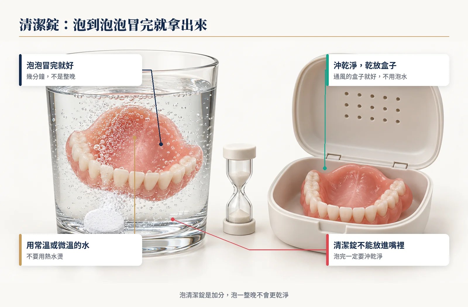 假牙泡在清潔錠冒泡的水杯裡，旁邊是乾放假牙的通風假牙盒