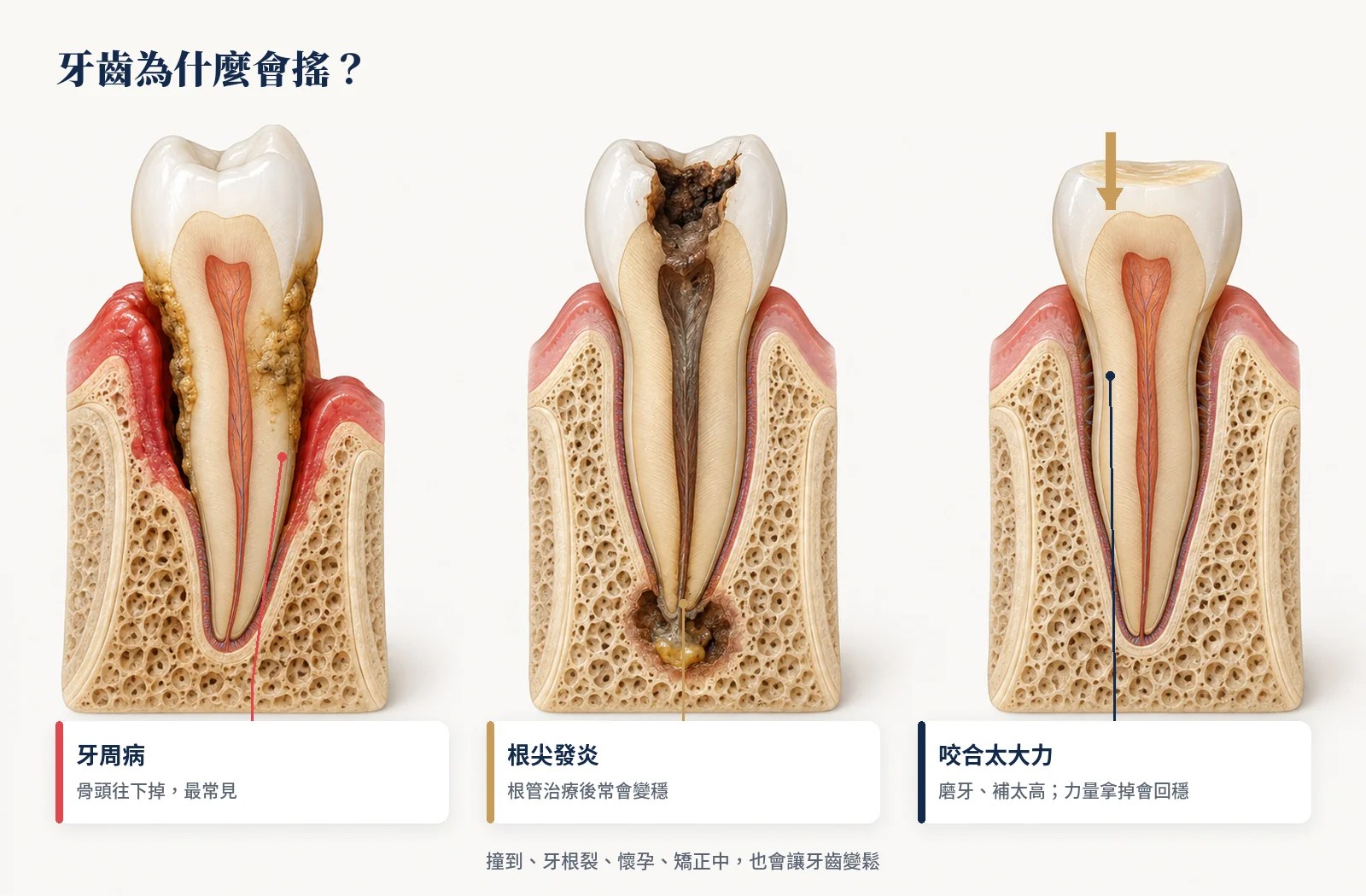 牙齒鬆動的三種原因：牙周病骨頭流失、根尖發炎、咬合太大力的牙齒剖面