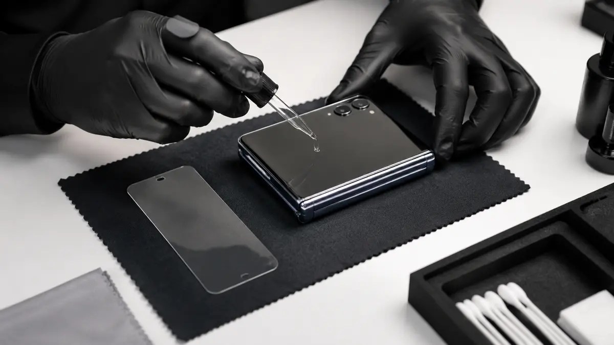 折りたたみスマートフォンの外側画面と外装へコーティングを施工するイメージ