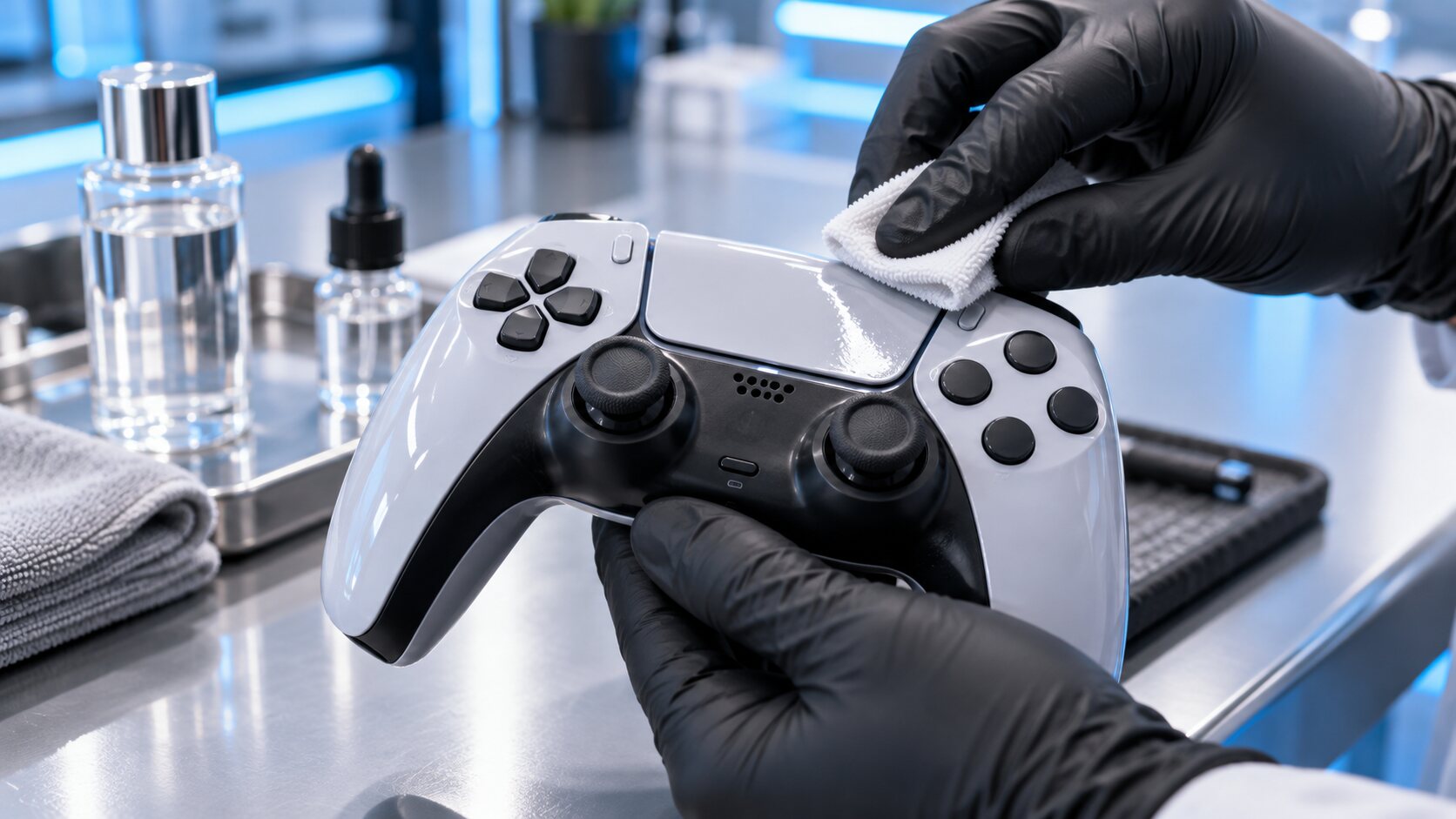 ゲームコントローラーへ透明なコーティングを施工する様子