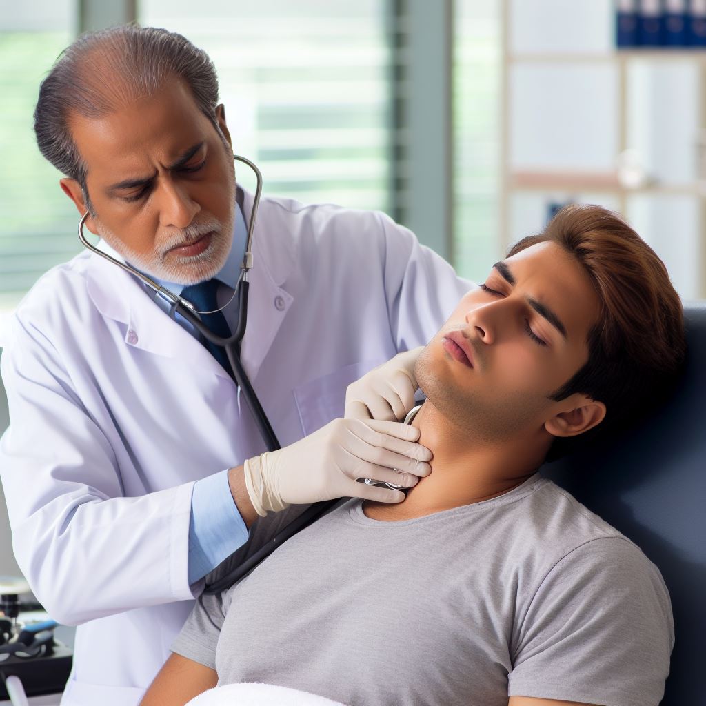 A doctor checking a patient's neck