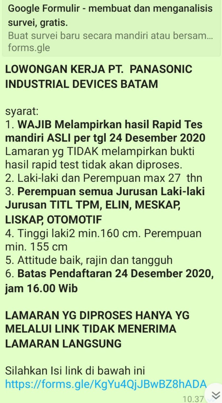 Cek syarat dan kualifikasinya berikut ini. Lowongan Kerja Pt Panasonic Industrial Devices Batam Smk Negeri 5 Batam
