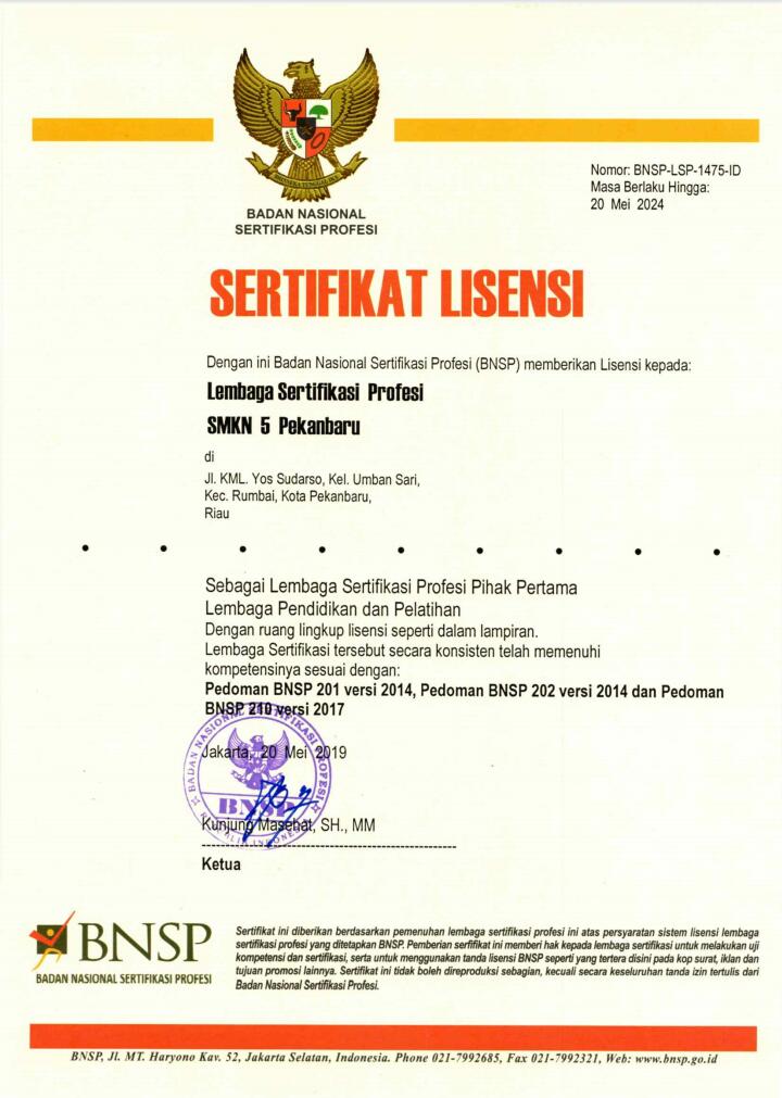 Skema sertifikasi profesi menurut bnsp (badan nasional sertifikasi profesi). Sertifikat Lisensi Lsp P1 Smkn 5 Pekanbaru Dari Bnsp Badan Nasional Sertifikasi Profesi Smk Negeri 5 Pekanbaru