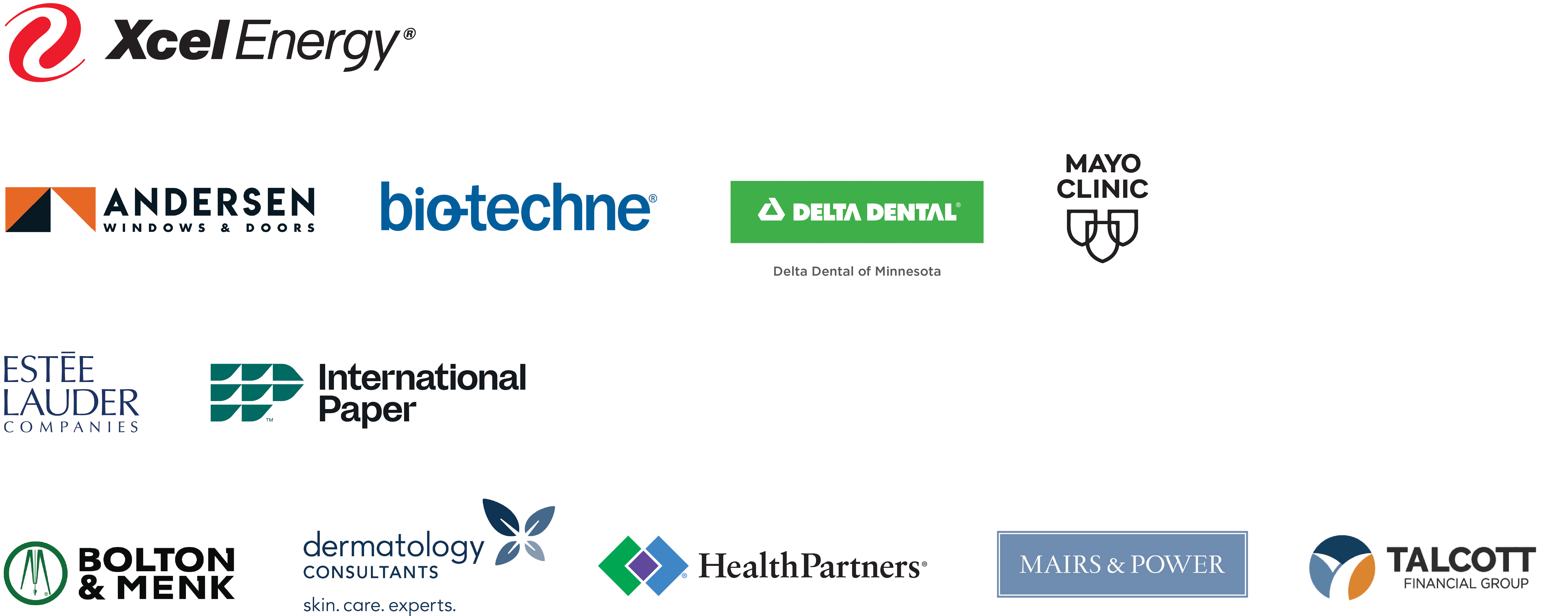 Partners in Science lockup - including logos from Xcel Energy, Andersen, Bio-techne, Delta Dental, Mayo Clinic, Estee Lauder, International Paper, Bolton & Menk, Dermatology Consultants, HealthPartners, Mairs & Power and Talcott Financial Group.