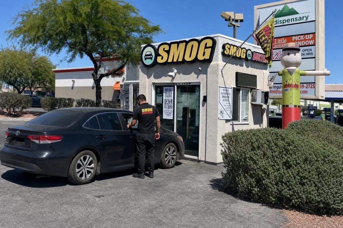 Smog check service at the Smog Busters hut near Decatur Boulevard and Hacienda Avenue