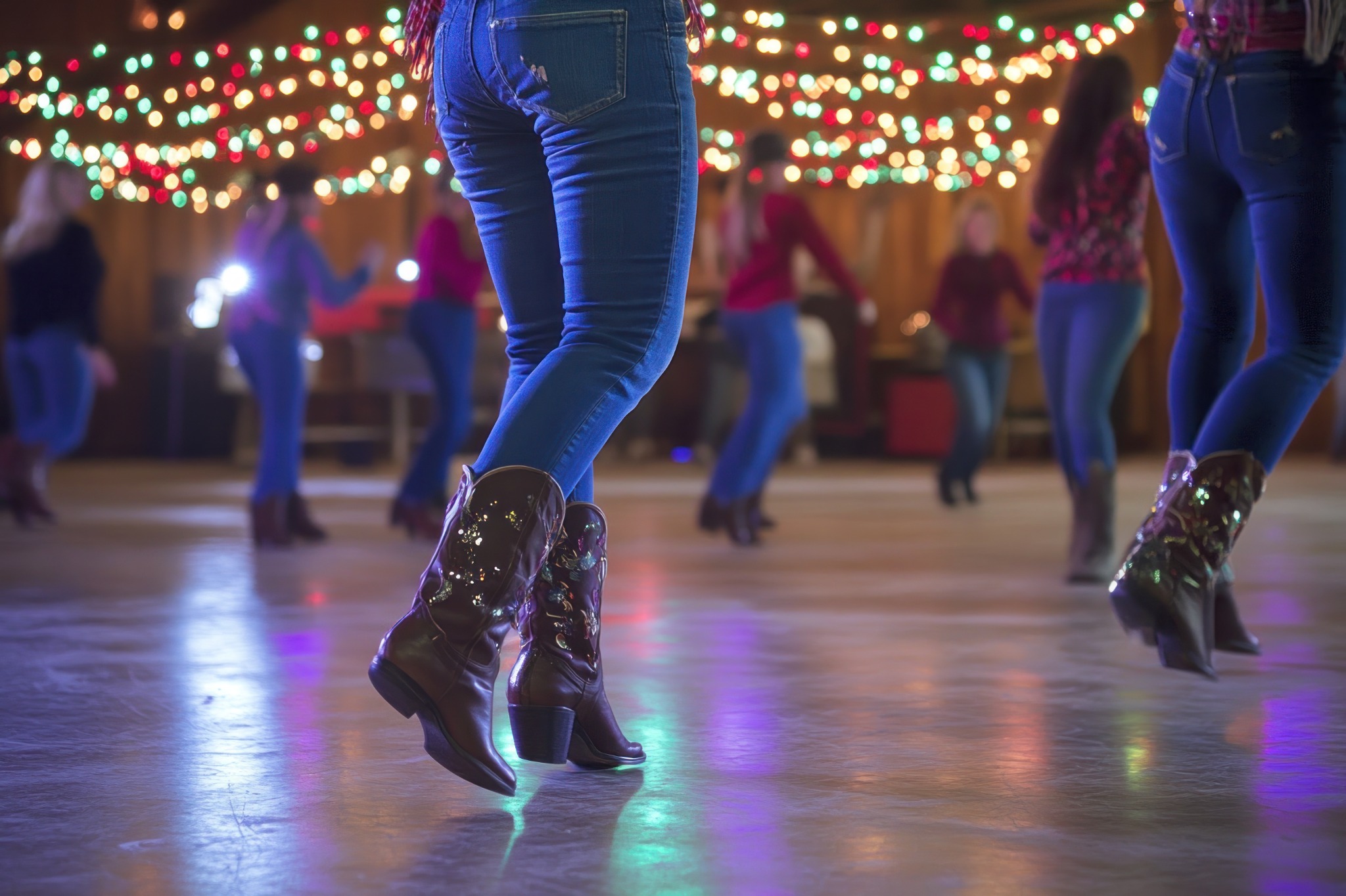 Line dancers in jeans and cowboy boots on a dance floor under colorful lights.