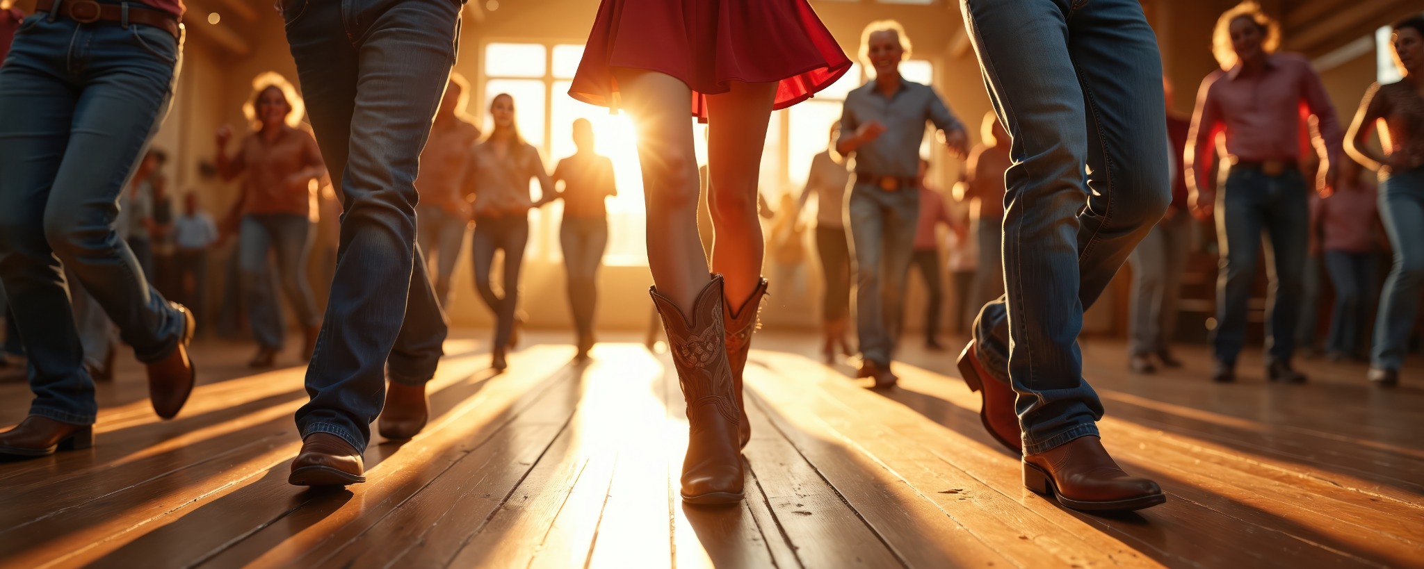 Country line dancers practicing steps in boots on a sunlit wooden floor.