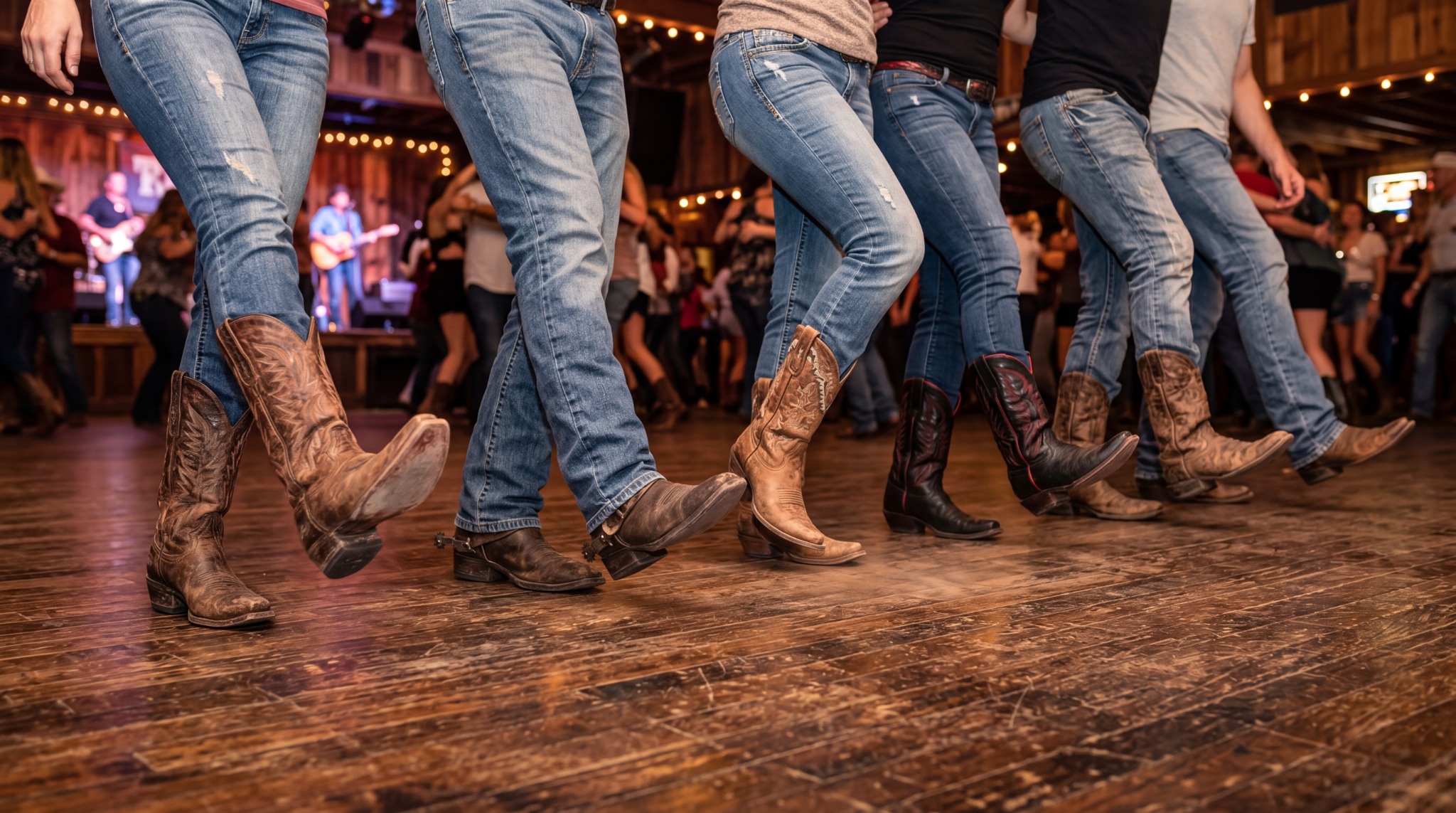 Guests line dancing in cowboy boots at a lively private event
