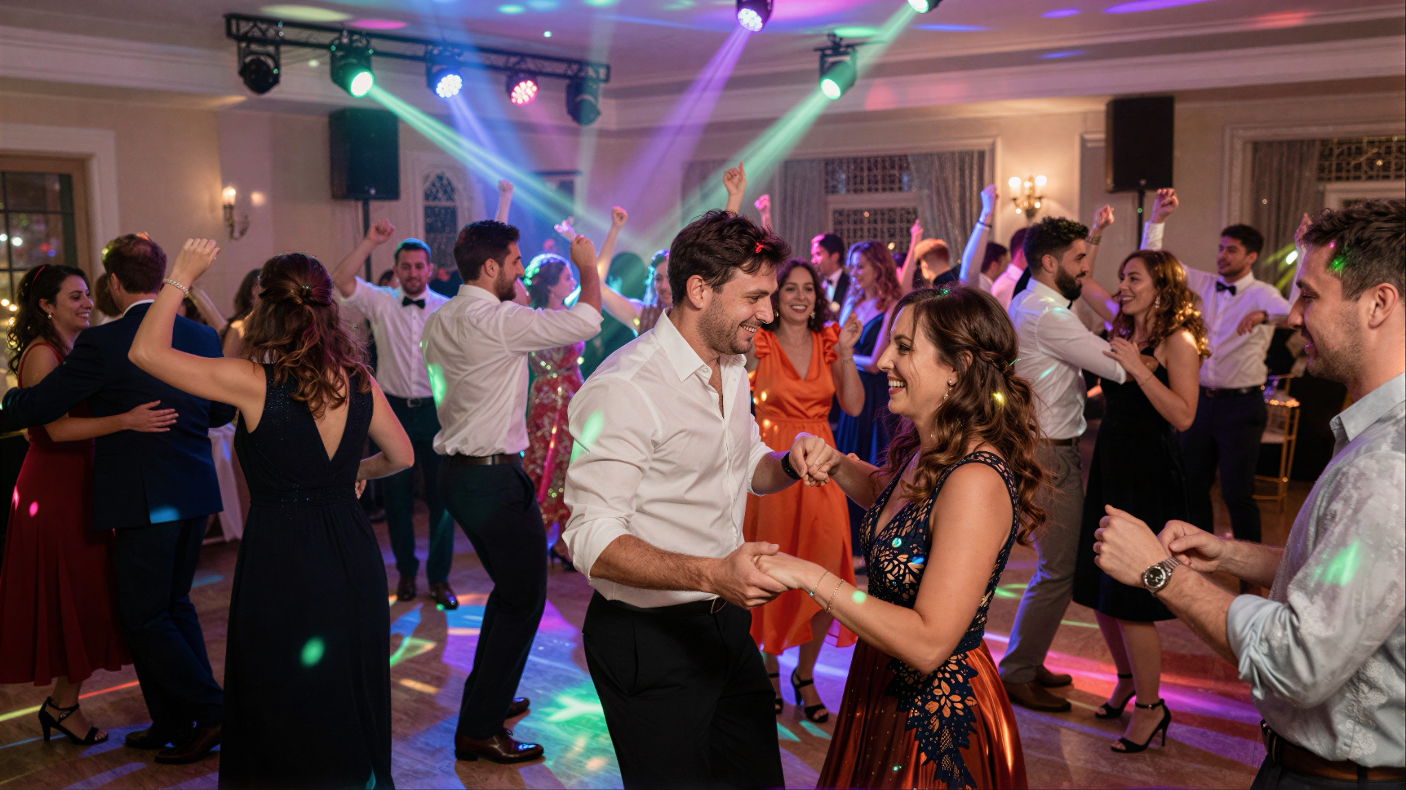 Guests enjoying partner dancing on a reception dance floor with colorful lighting