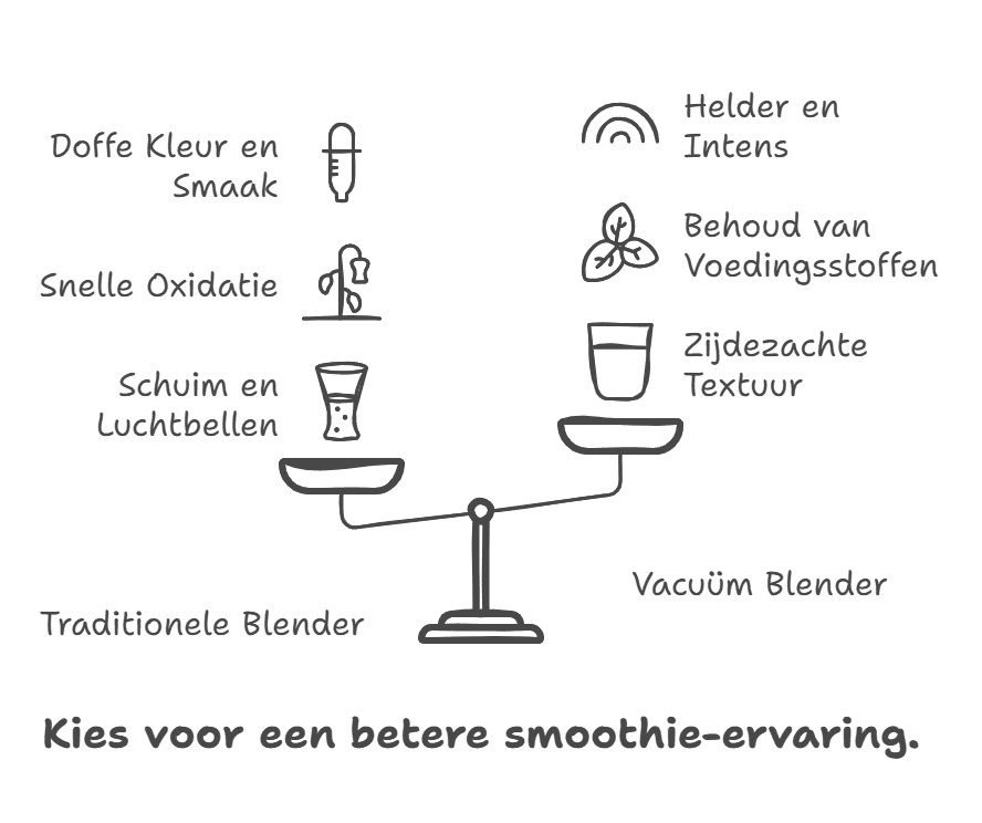 llustratie van een weegschaal die een traditionele blender vergelijkt met een vacuüm blender. De traditionele blender toont nadelen zoals doffe kleur, snelle oxidatie en schuim, terwijl de vacuüm blender voordelen biedt zoals heldere kleur, behoud van voedingsstoffen en een zijdezachte textuur. Onder de afbeelding staat de tekst: 'Kies voor een betere smoothie-ervaring