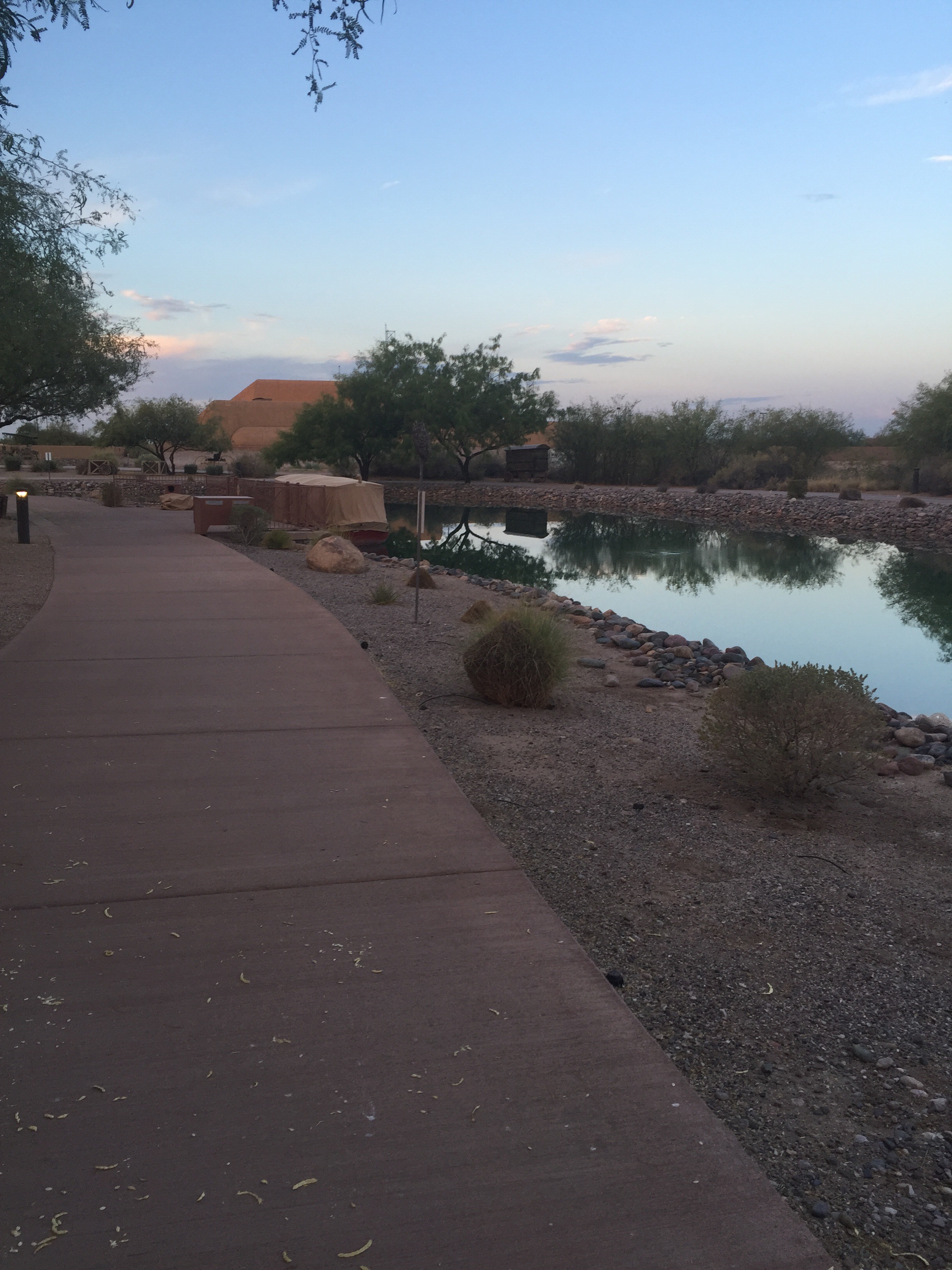 Pathway next to large water feature with desert landscaping.