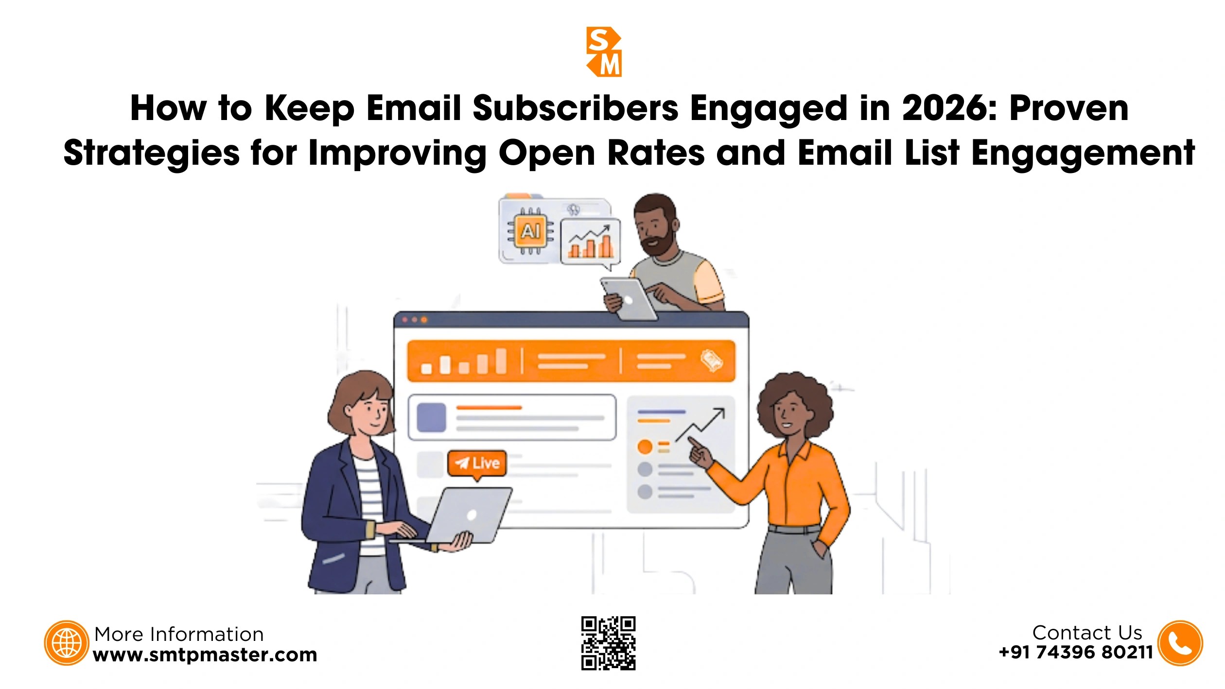 Illustration showing strategies to keep email subscribers engaged effectively in 2026, including email analytics, automation, open rate improvement, and email list engagement tips.