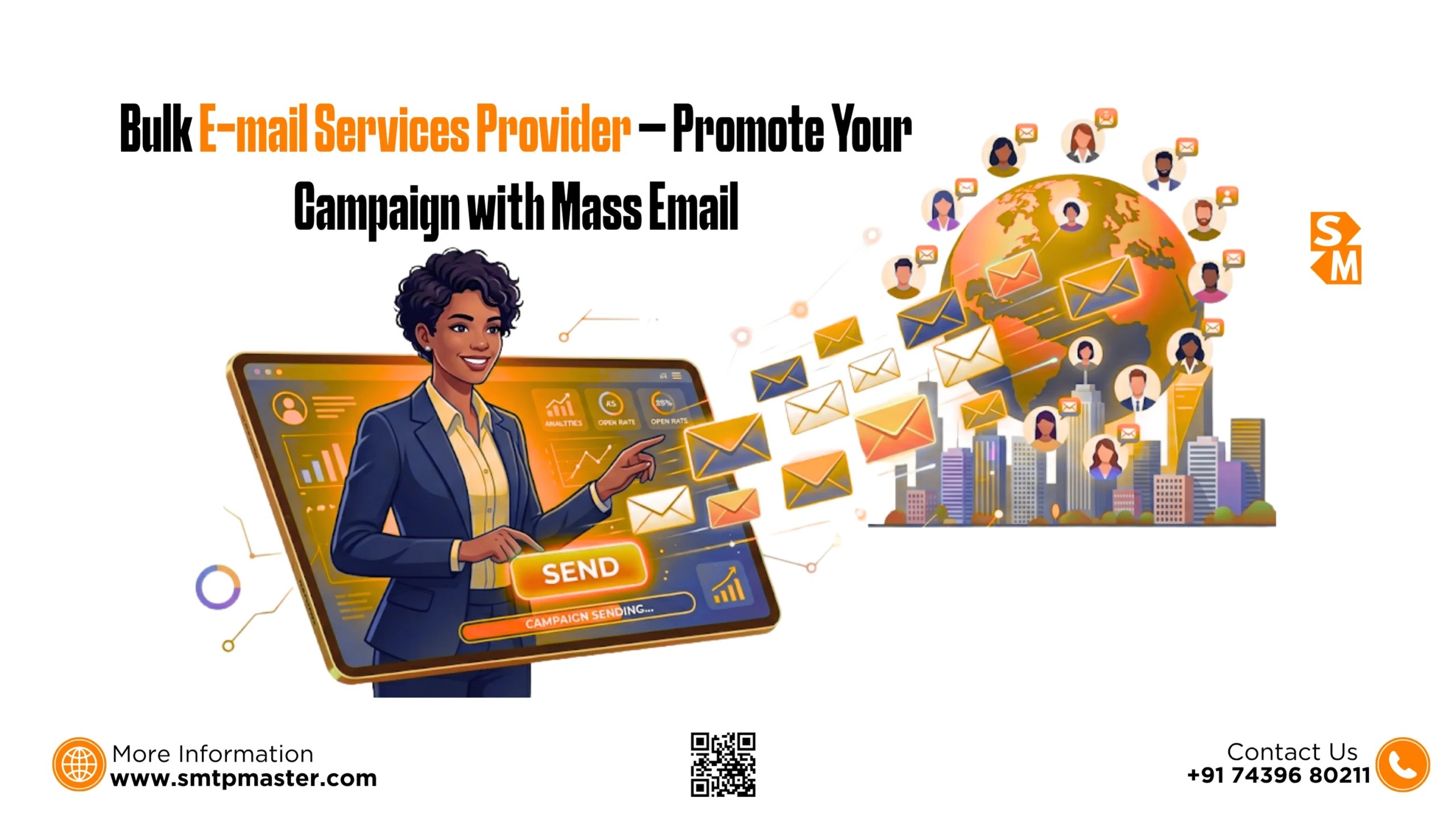 Mass Email marketing banner showing a bulk email service provider with email campaign management dashboard, global email delivery system, analytics tracking, and business promotion tools for mass email marketing.
