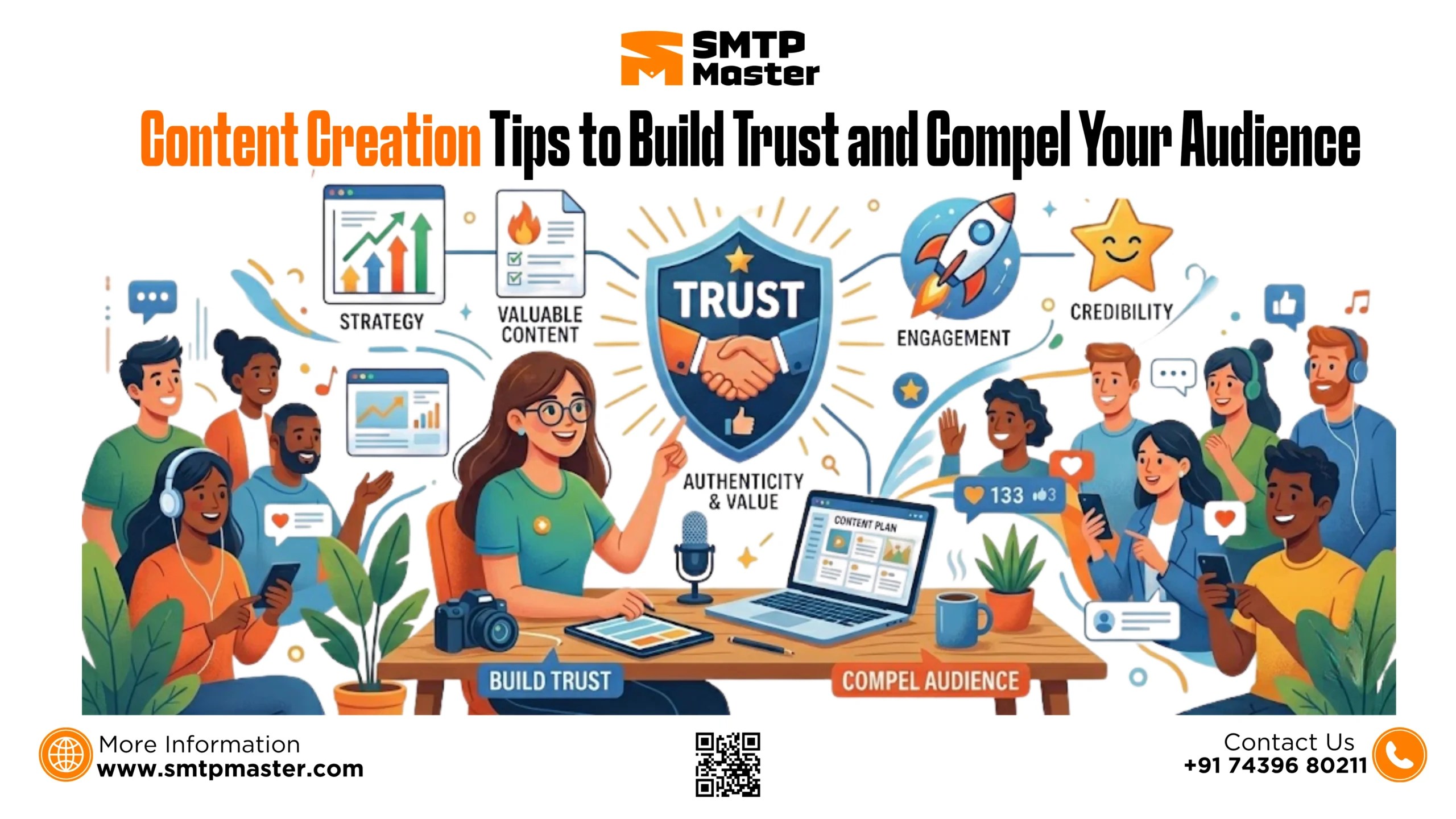 Illustration showing content creation strategies to build trust and engage audiences, featuring social media interaction, valuable content, authenticity, and audience engagement with SMTP Master branding.