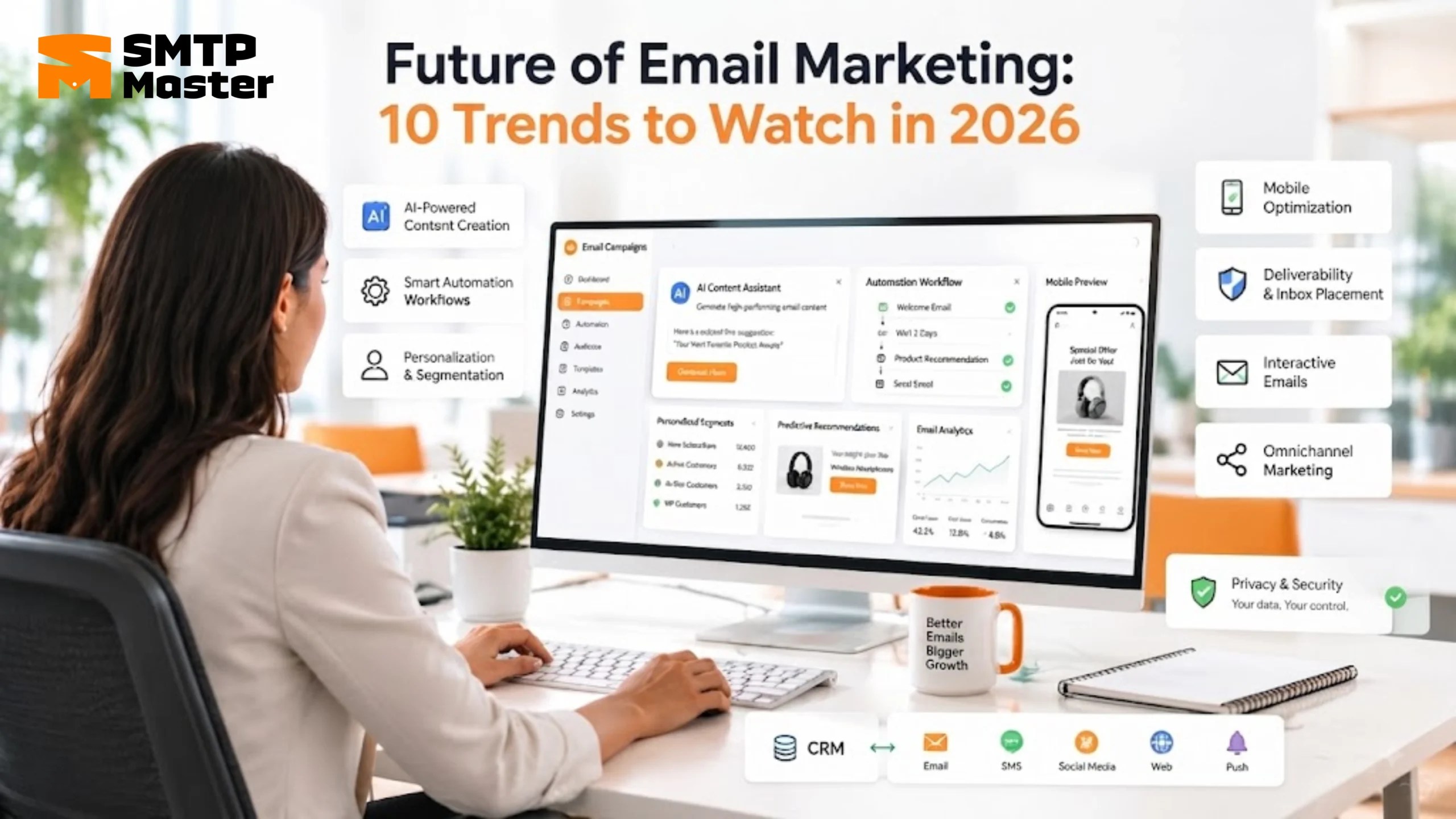 Email open rates optimization dashboard showing 5 proven ways to increase email opens and engagement, including subject lines, personalization, segmentation, send-time optimization, and deliverability.