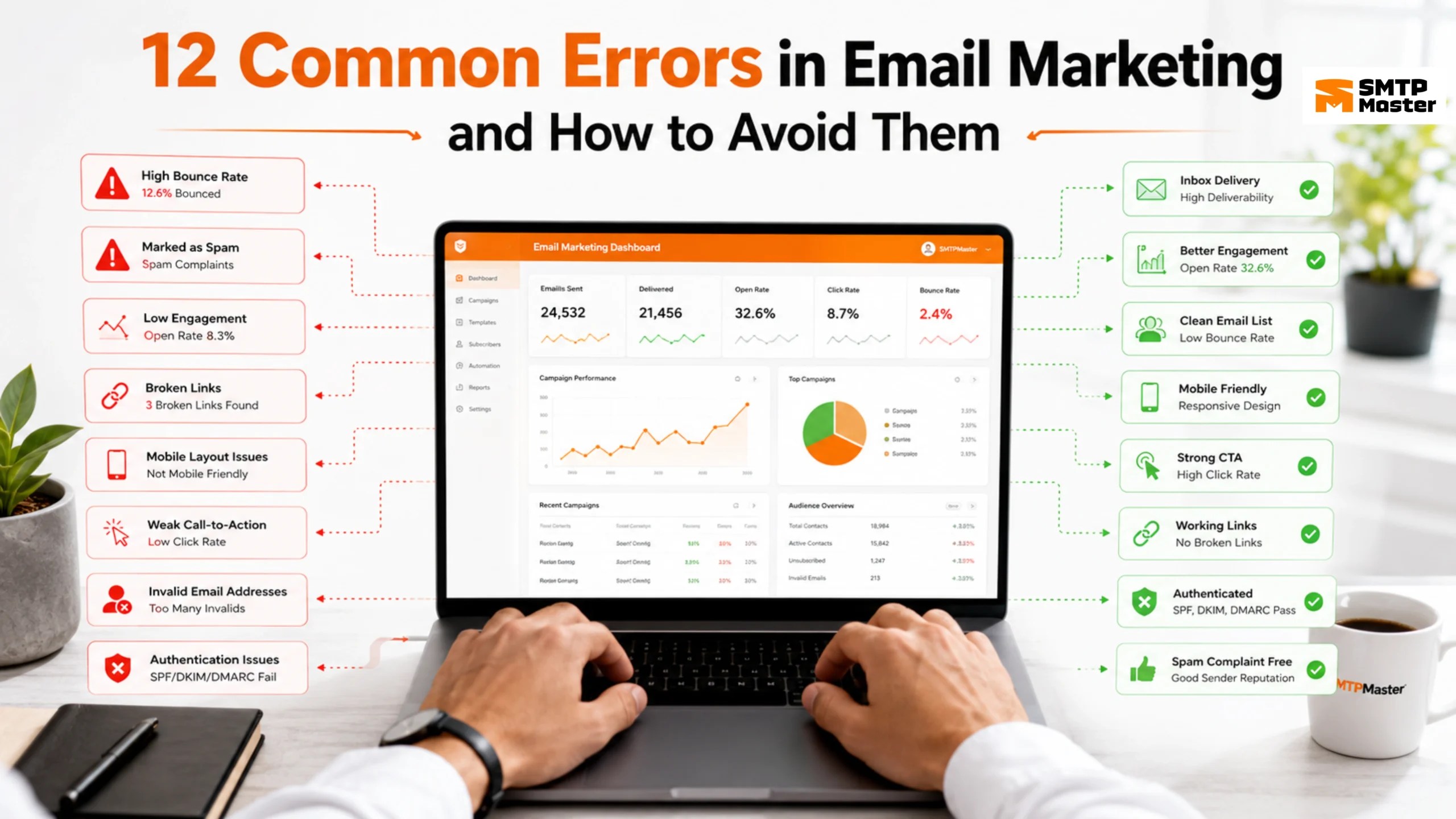 Email marketing dashboard showing common email marketing errors such as high bounce rates, spam complaints, low engagement, broken links, mobile layout issues, invalid email addresses, and authentication problems, with solutions for improving email deliverability.