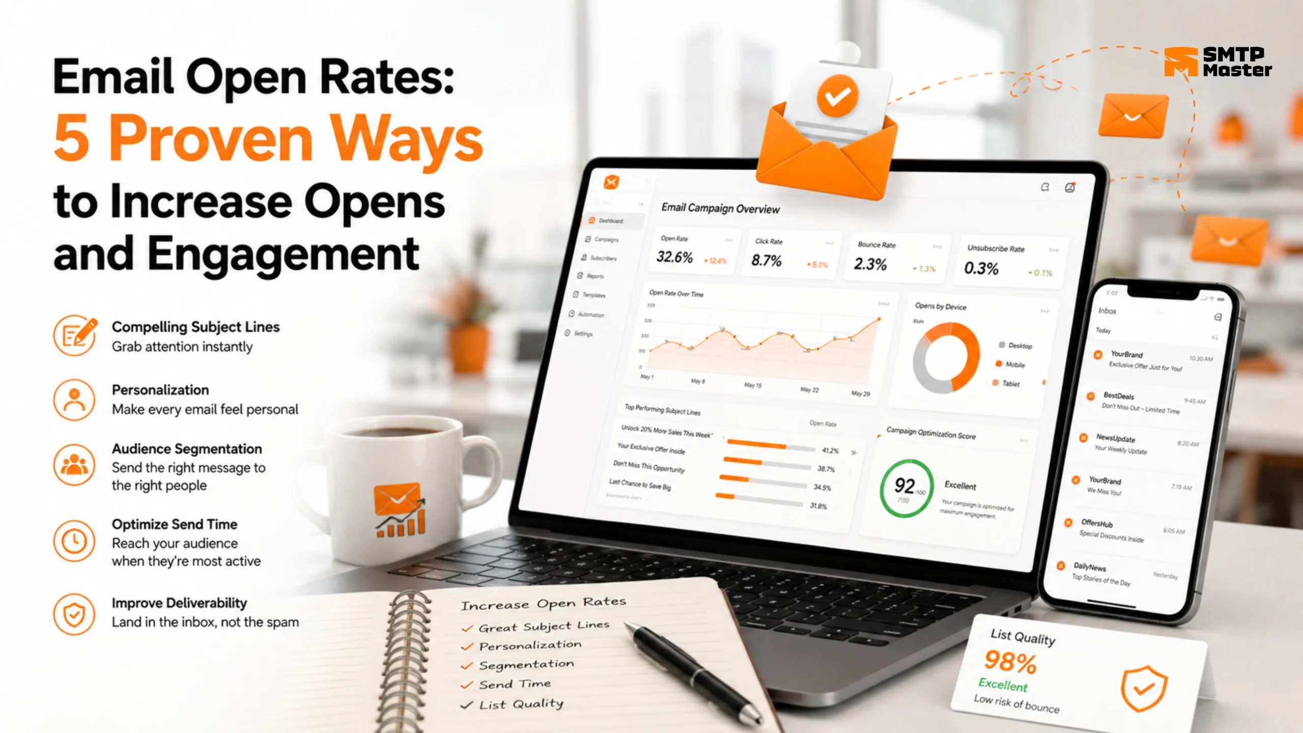 Email open rates optimization graphic showing five proven ways to increase email opens and engagement, including subject lines, personalization, segmentation, send time, and deliverability.