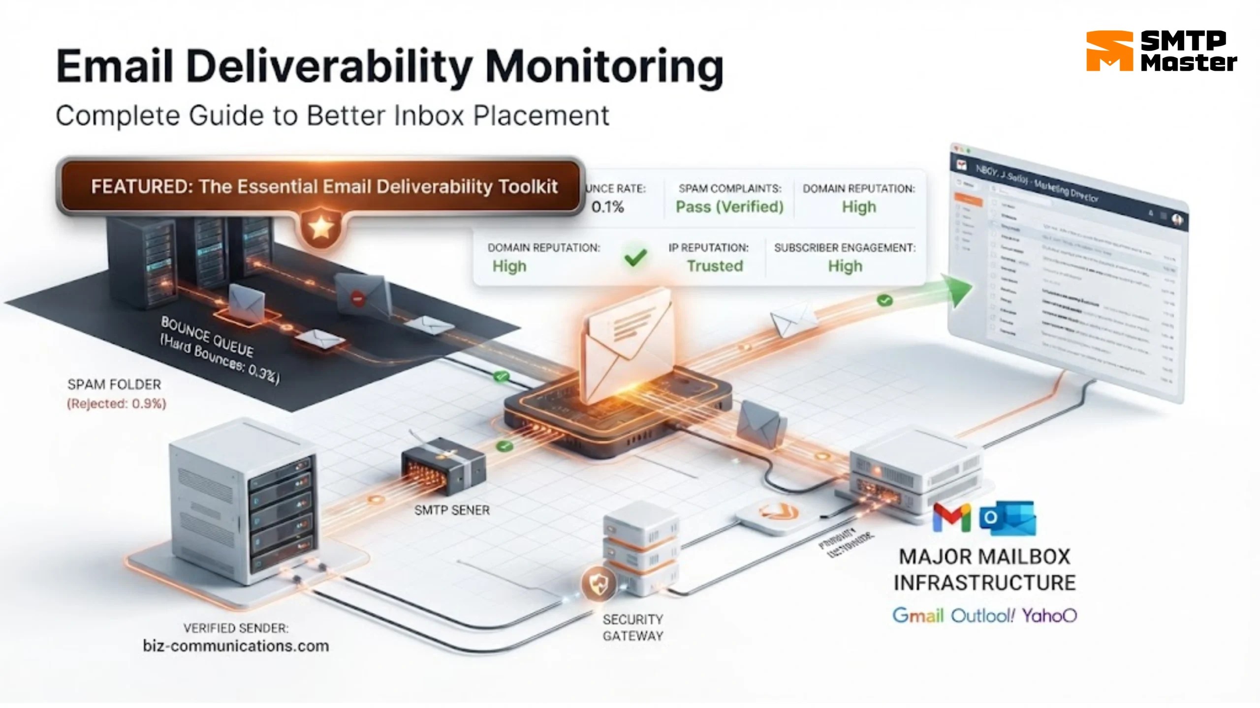 Email deliverability monitoring infrastructure showing SMTP server, sender reputation, bounce and spam monitoring, mailbox providers, and successful inbox placement.