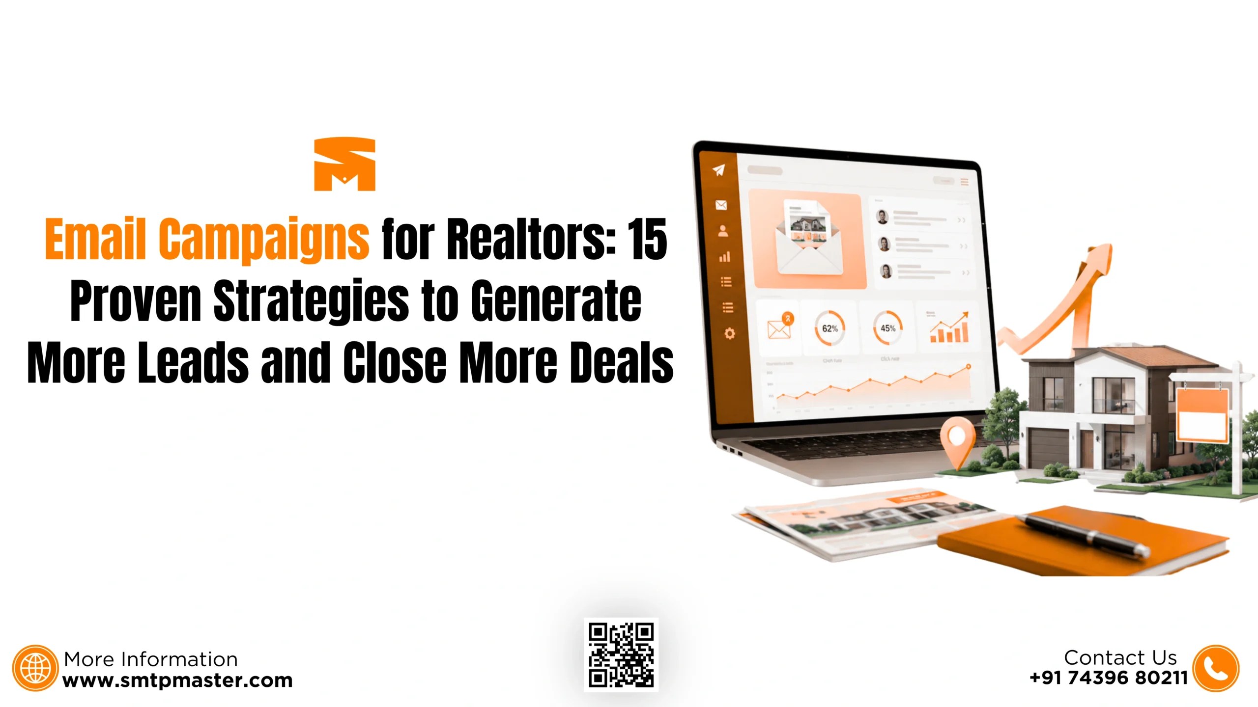 Email Campaigns for Realtors: 15 Proven Strategies to Generate More Leads and Close More Deals – illustration of email marketing dashboard, real estate property, analytics, and lead generation.