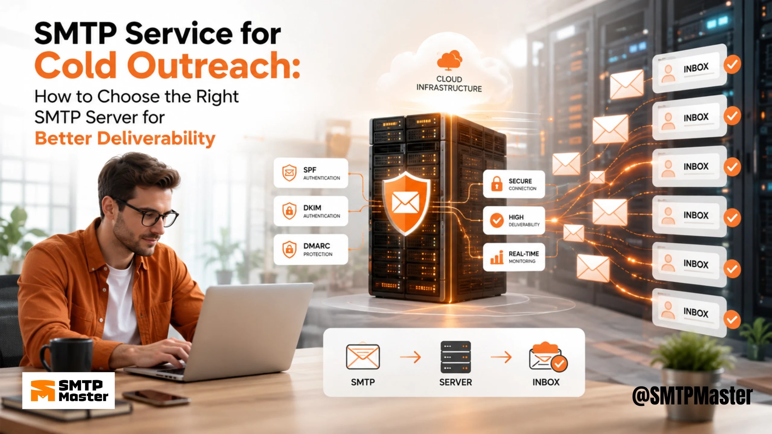 SMTP service for cold outreach showing authenticated email delivery with SPF, DKIM, DMARC, secure servers, monitoring, and inbox placement.