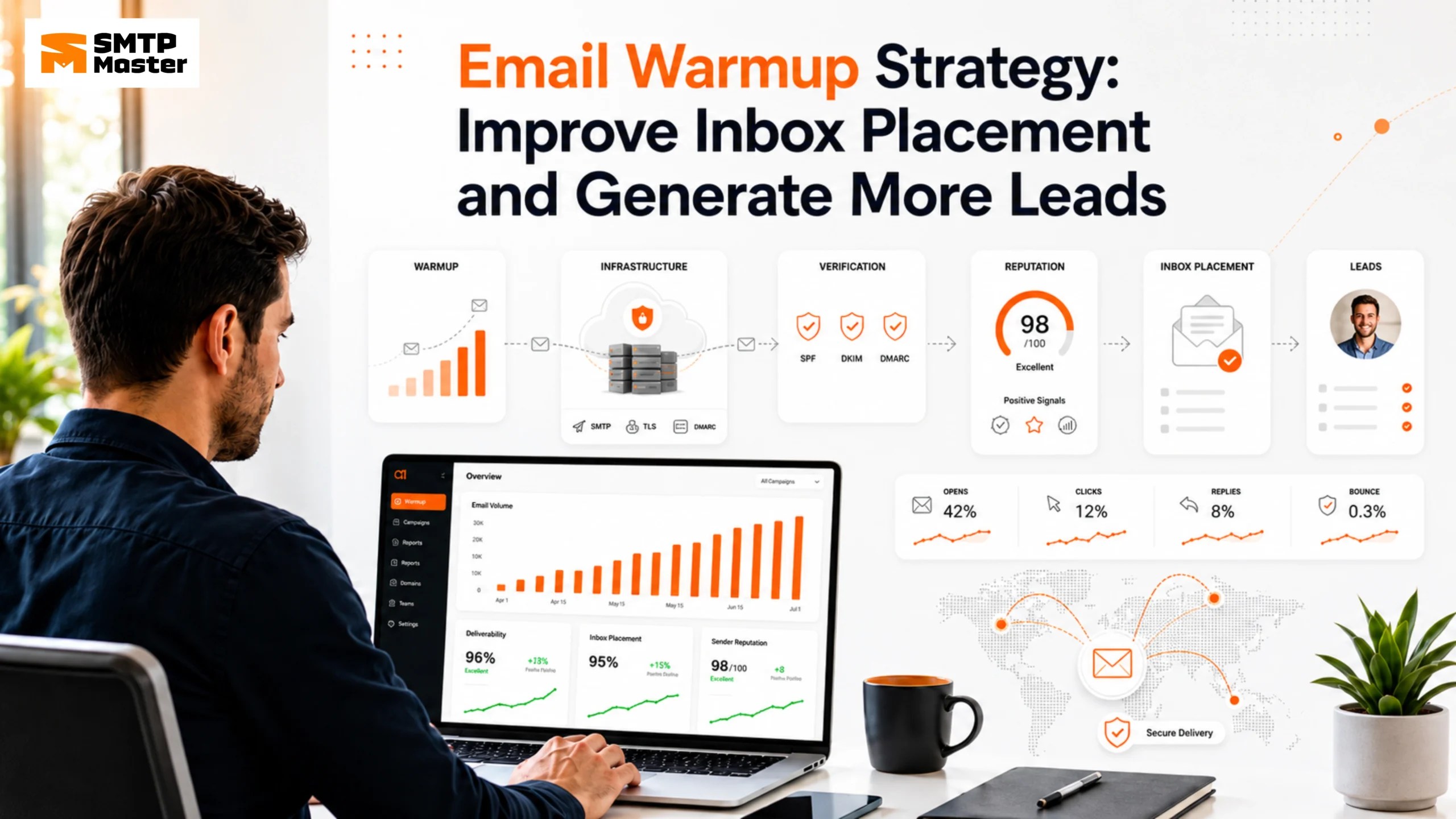 Email warmup strategy dashboard showing inbox placement and sender reputation