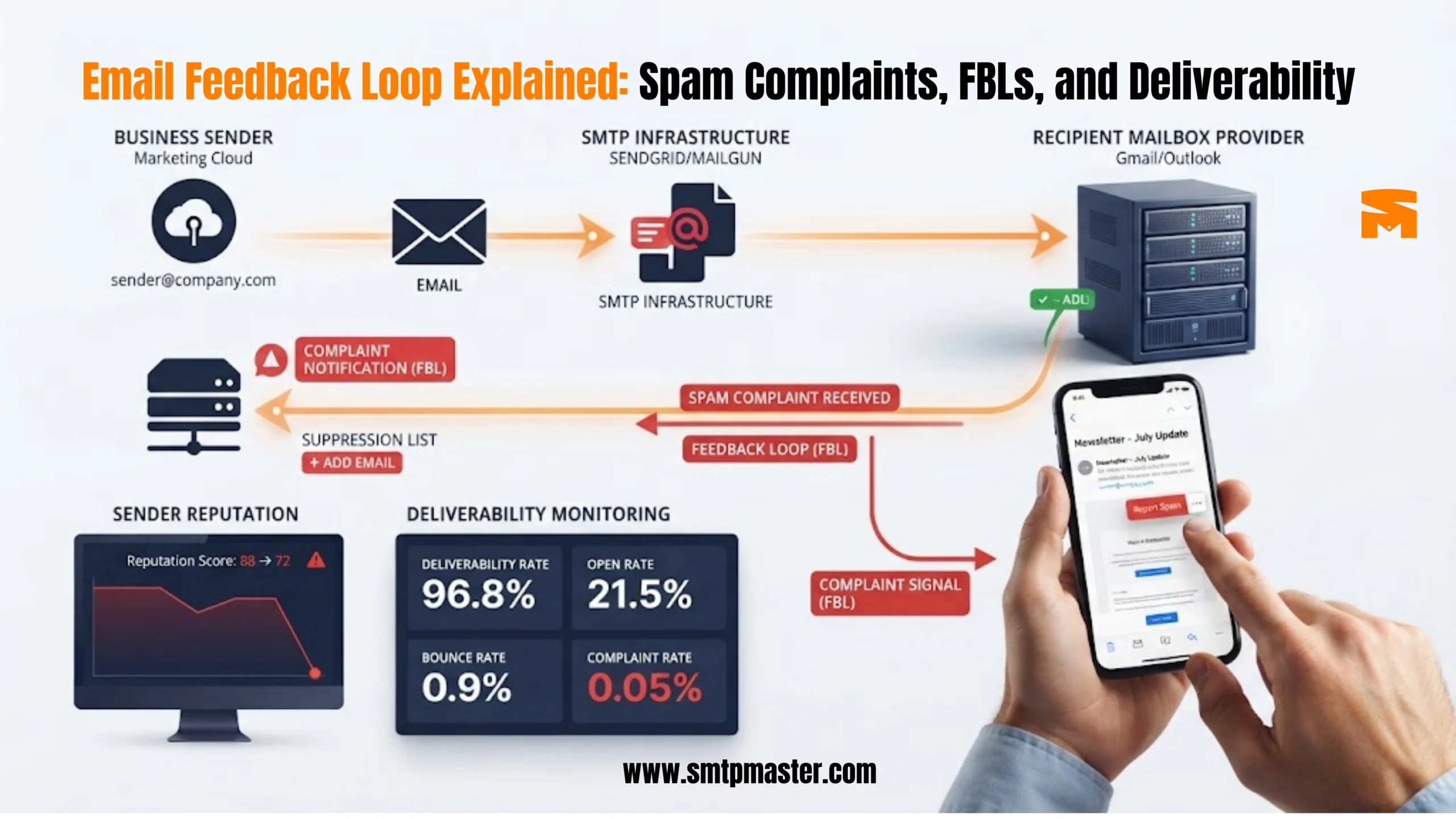 Email feedback loop process for spam complaints and deliverability