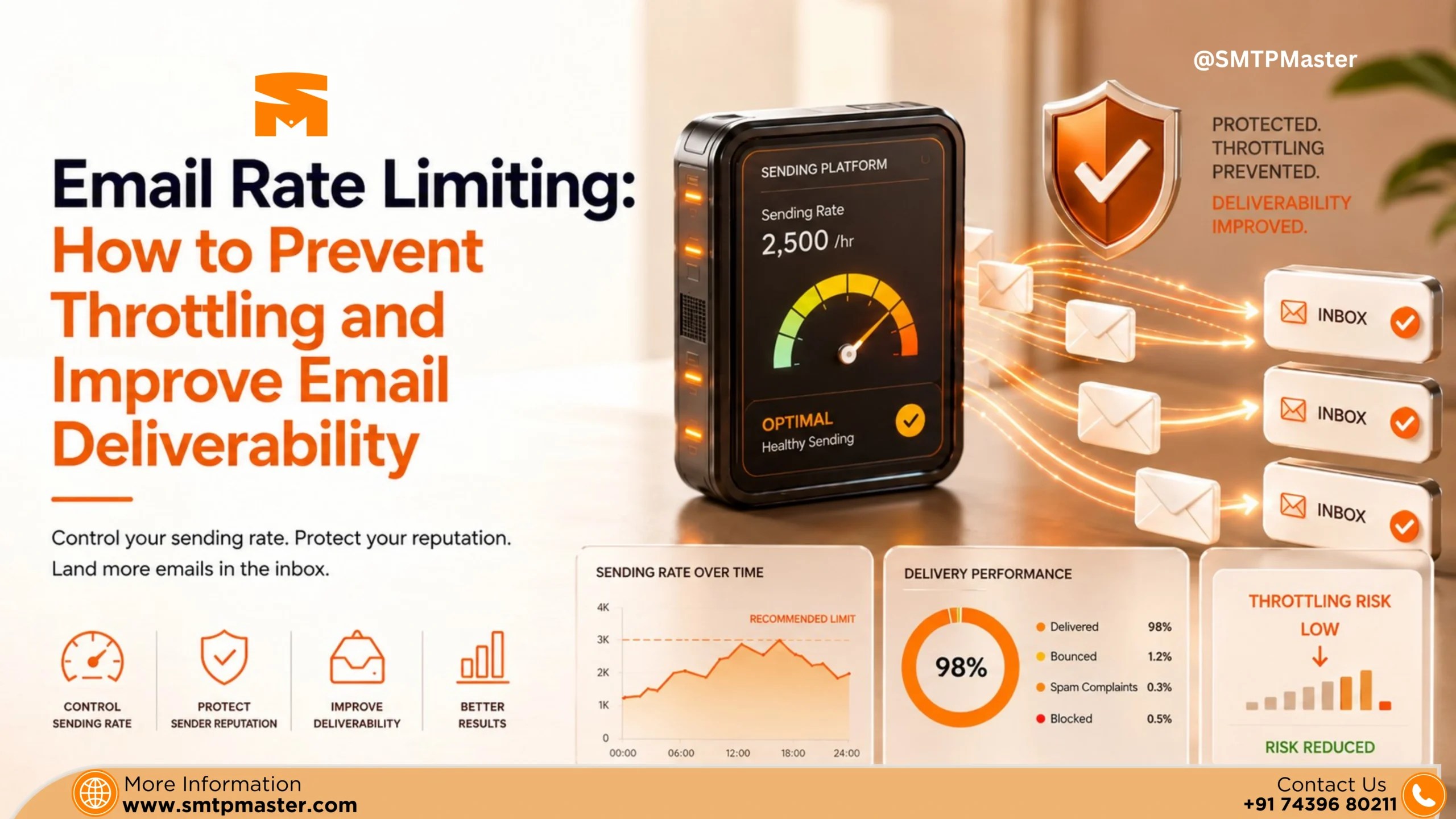 Email rate limiting infographic showing controlled sending speed, sender reputation protection, throttling prevention, and improved deliverability.