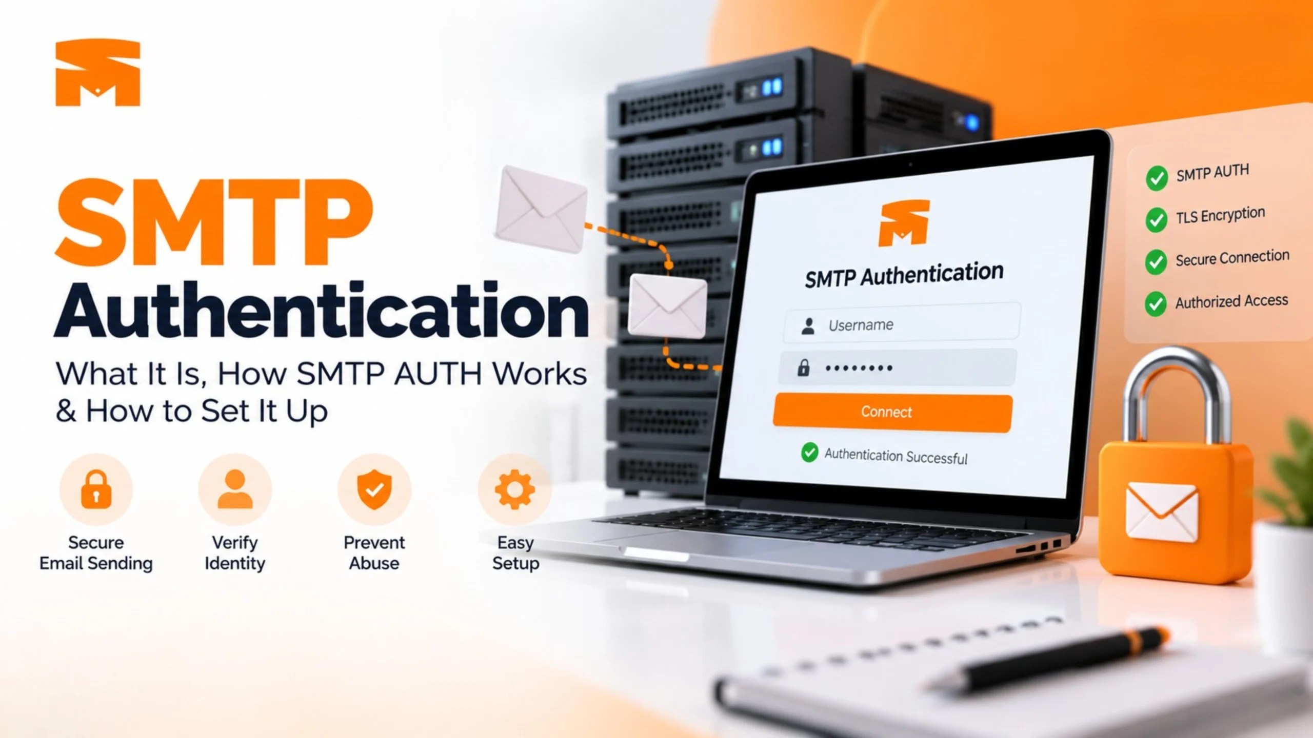 SMTP authentication illustration showing username and password login, SMTP AUTH, TLS encryption, and secure access to an email server