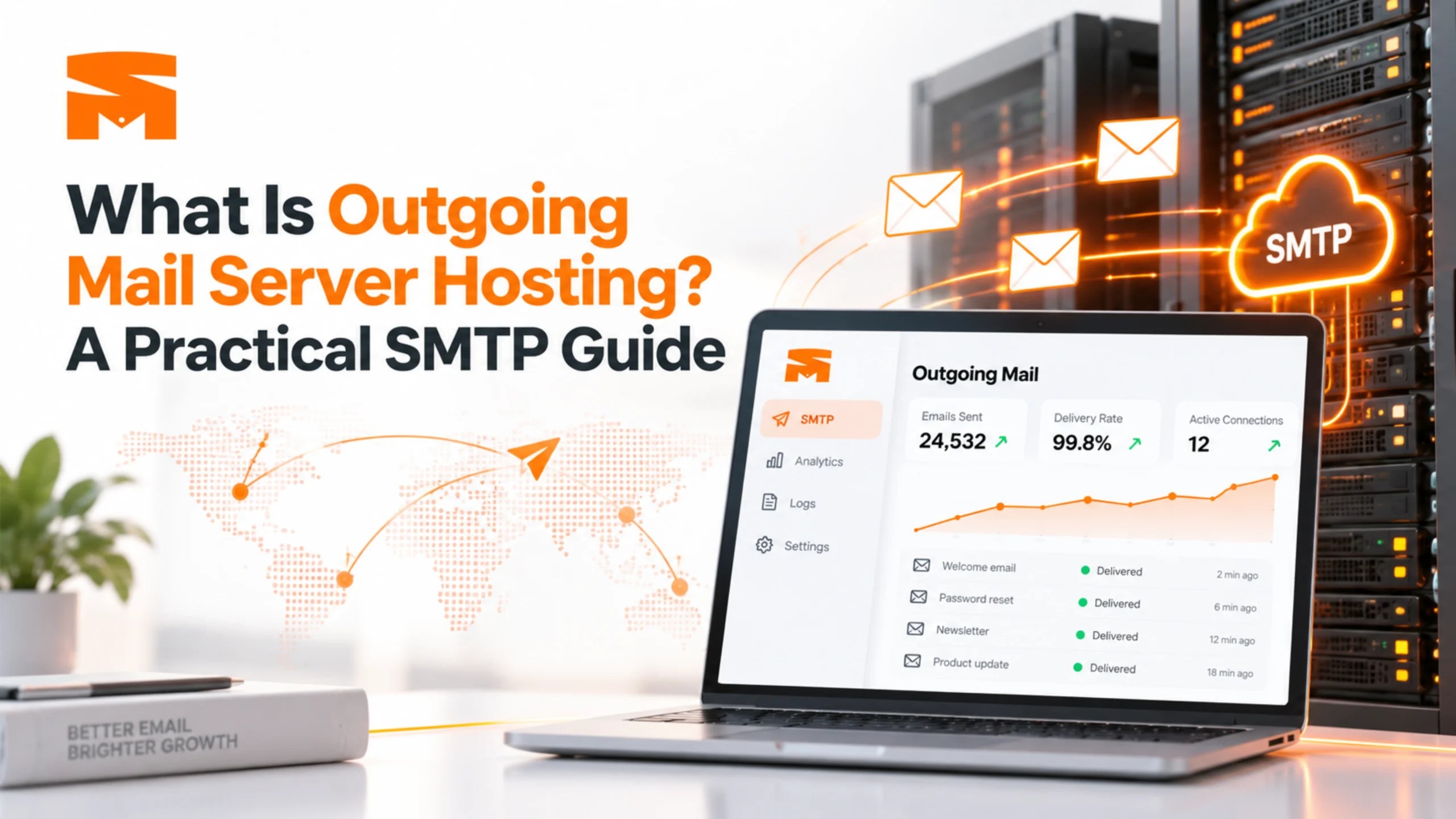 Outgoing mail server hosting illustration showing SMTP infrastructure, email delivery, server racks, and an outgoing mail dashboard