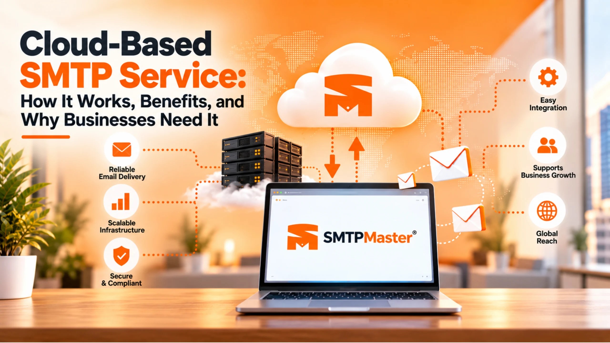 Cloud-based SMTP service infographic showing SMTPMaster email delivery, scalable infrastructure, security, easy integration, business growth, and global reach.