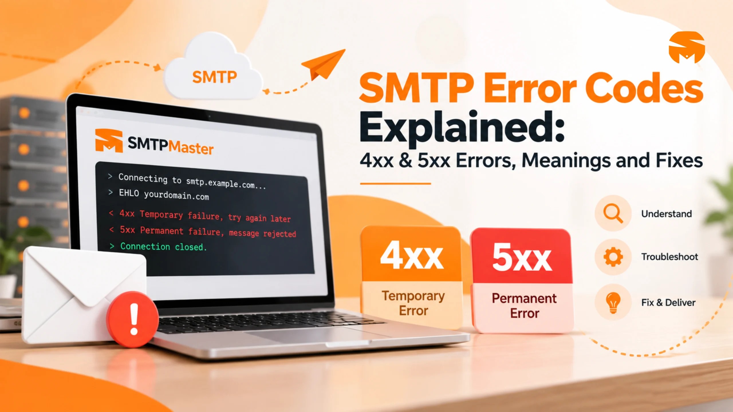 SMTP error codes explained with 4xx temporary errors and 5xx permanent email delivery failures