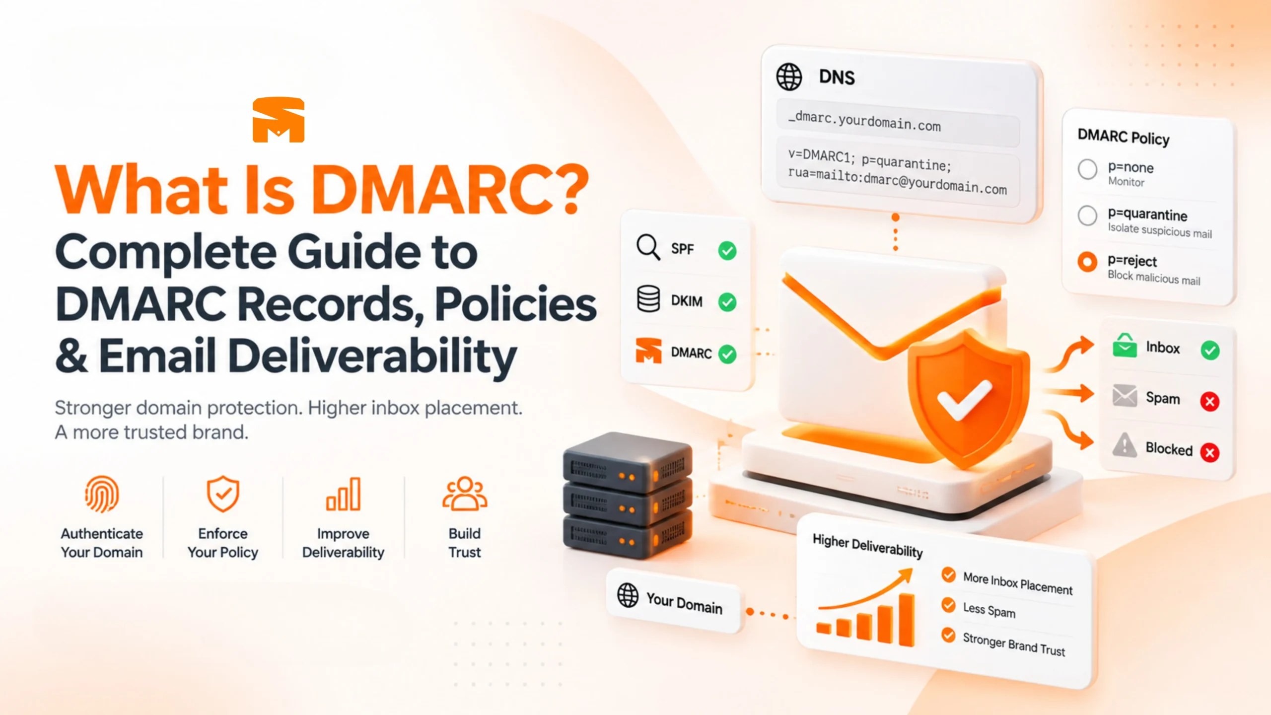 DMARC email authentication illustration showing SPF, DKIM, DNS record, DMARC policies, domain protection, and improved inbox placement