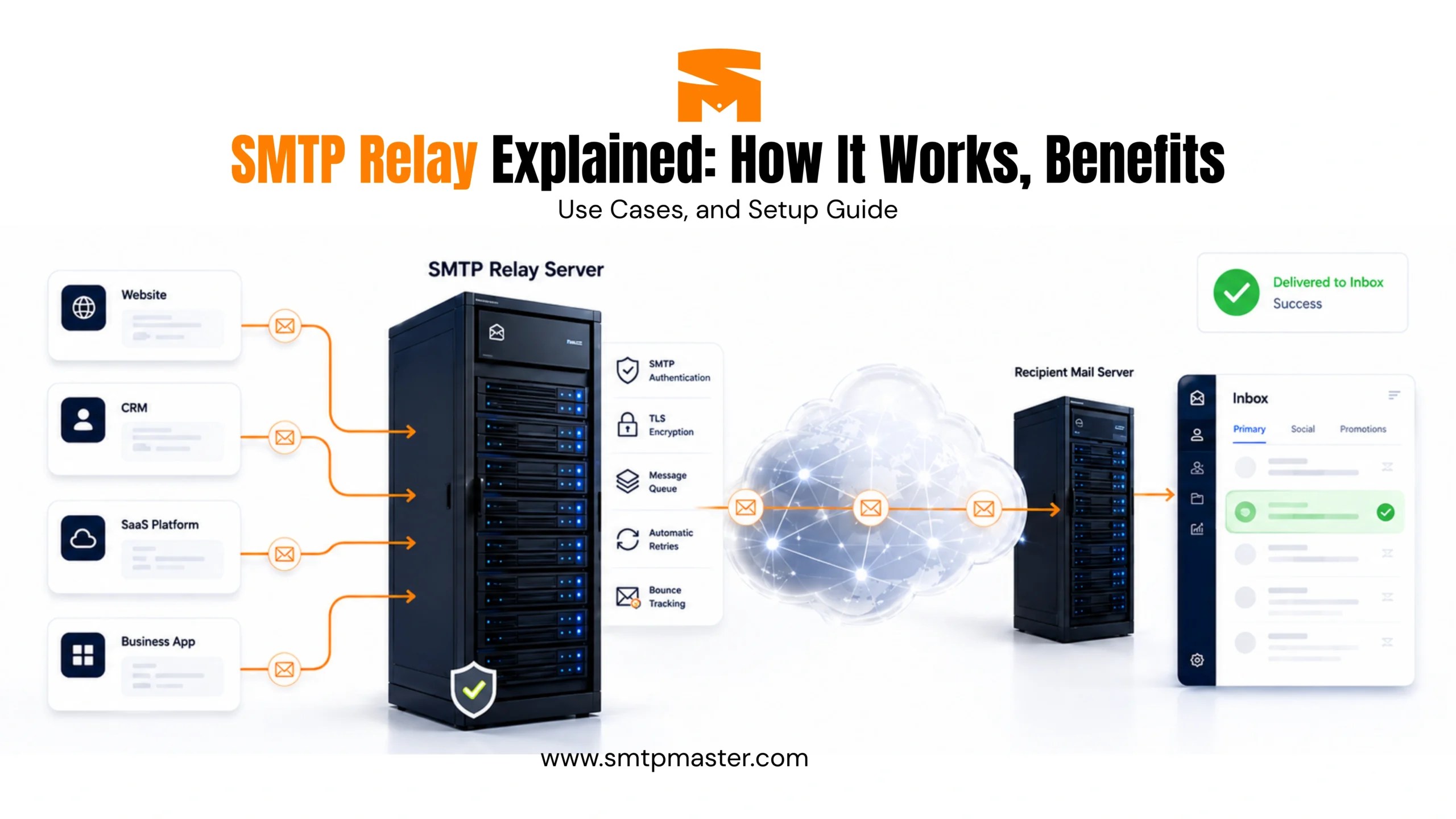 SMTP Relay workflow showing websites, CRM, SaaS platforms, and business apps sending emails through an SMTP relay server to a recipient mail server and inbox.