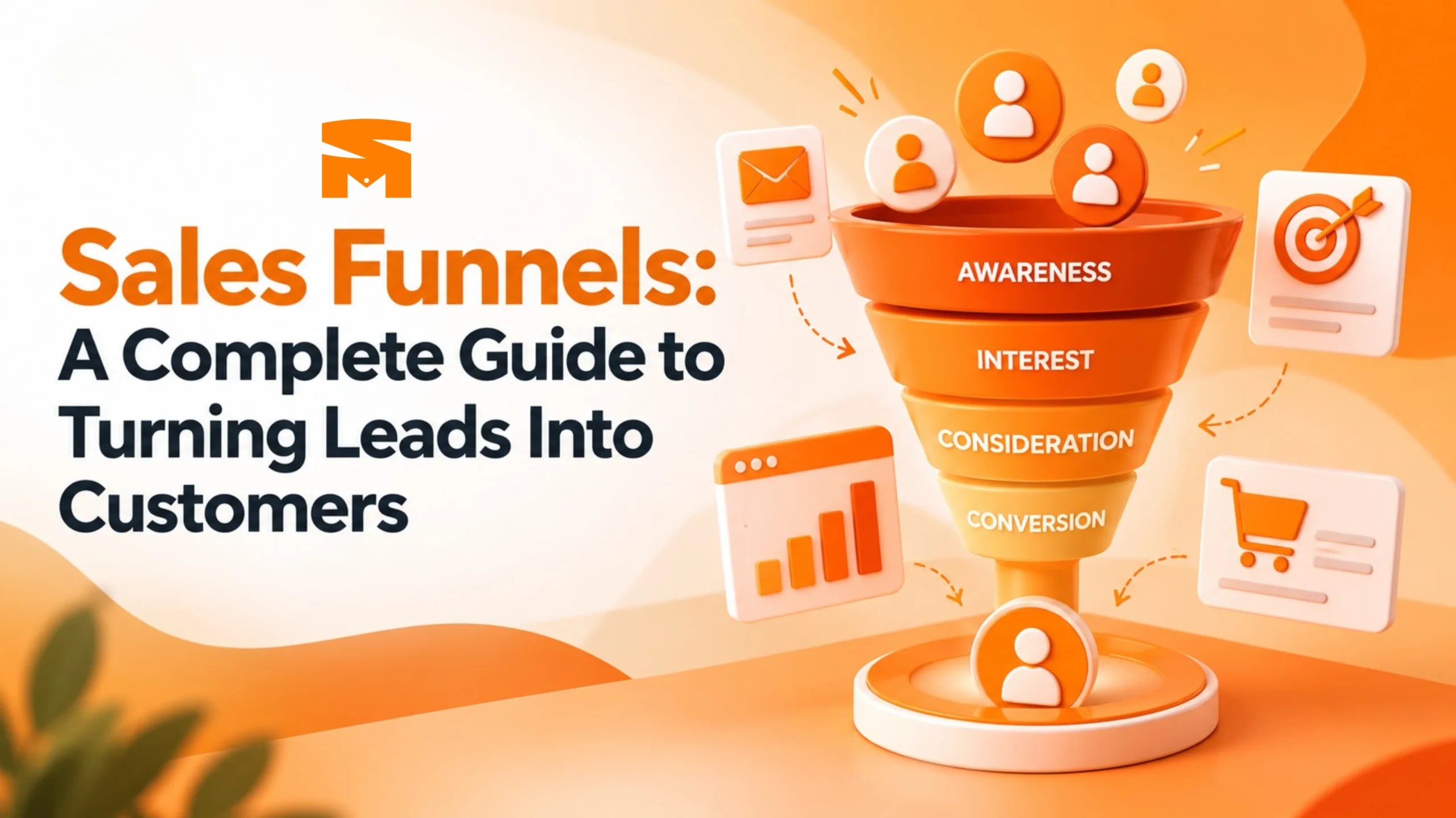 Sales funnels infographic showing the four stages—Awareness, Interest, Consideration, and Conversion—with an orange funnel illustration explaining how to turn leads into customers.