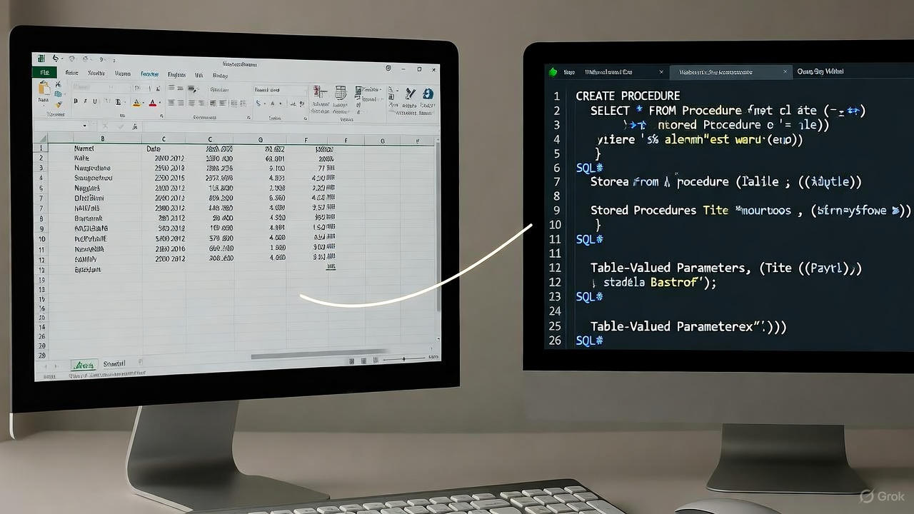 Excel and SQL working together in a calm workspace, illustrating thoughtful system design.