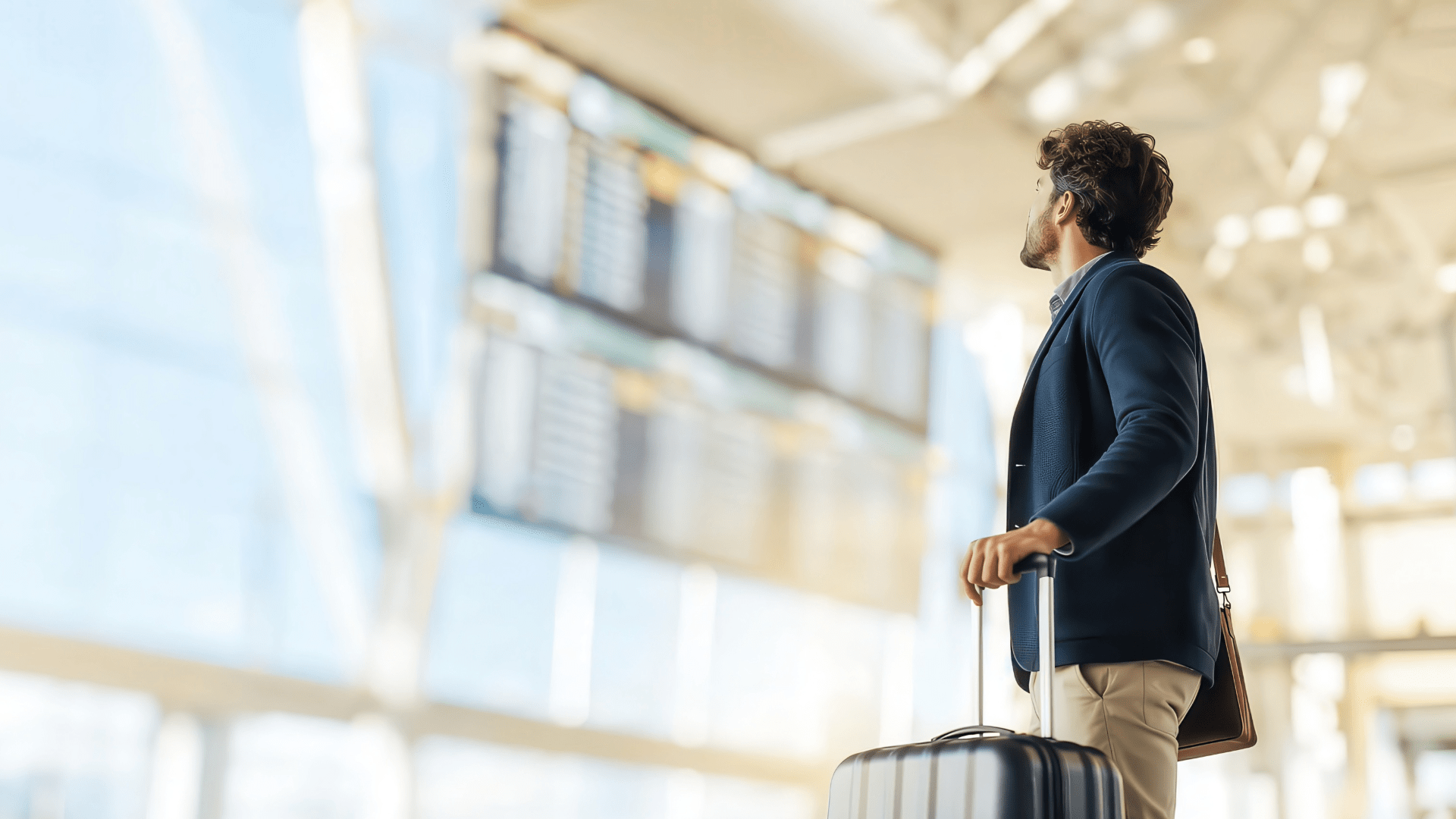 Passenger in airport looking at flight information boards