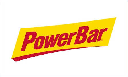 PowerBar logo with yellow background and red text for energy bars.