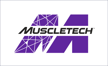 Muscletech logo with purple geometric design and bold black text.