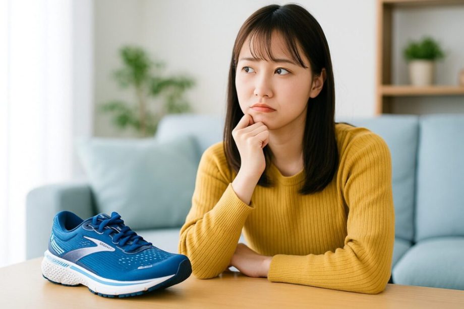 若い日本人女性が明るいリビングでブルックスの青いスニーカーを前に置き、顎に手を当てて「ダサいのか」と悩むように考えている様子を写した写真。