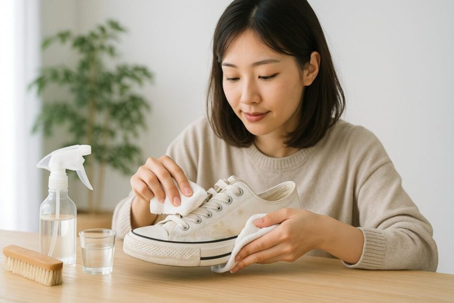 日本人女性が白いスニーカーを机の上で漂白用の布と水を使って丁寧に手入れしている様子。横にはブラシとスプレーボトル、コップが並び、明るく清潔感のある室内で自然光が差し込んでいる。