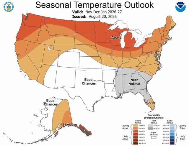 El Niño 2026-27 ski forecast NOAA temperature outlook for November December January 2026-27 showing strongly above-normal warmth in the Pacific Northwest and northern tier with near-normal signals across the Southeast issued August 20 2026