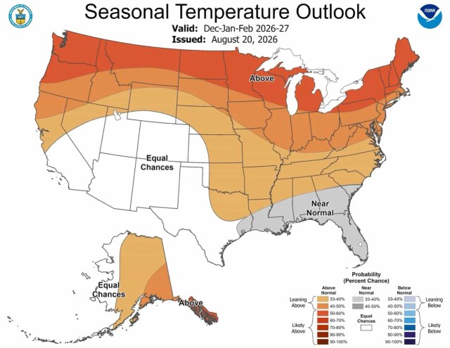 El Niño 2026-27 ski forecast NOAA core winter temperature outlook for December January February 2026-27 showing above-normal warmth across the northern tier and near-normal signals in the Gulf Coast and Southeast issued August 20 2026