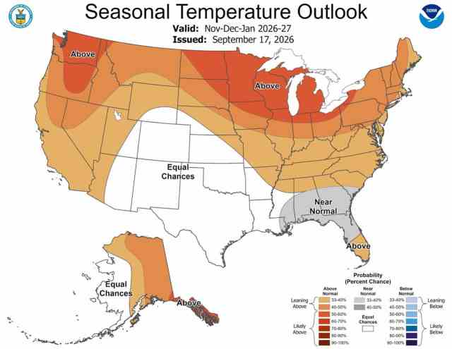 El Niño 2026-27 ski forecast NOAA temperature outlook for November December January 2026-27 showing above-normal warmth across the Pacific Northwest and northern tier with near-normal signals in the Gulf Coast and Southeast issued September 17 2026